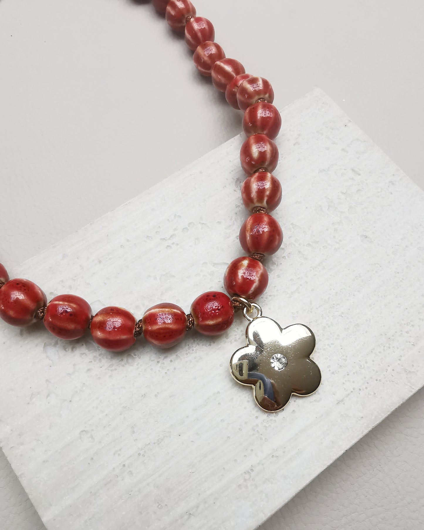 Red Chunky Ceramic Pumpkin Bead Necklace with Flower Pendant - Vinta Shop