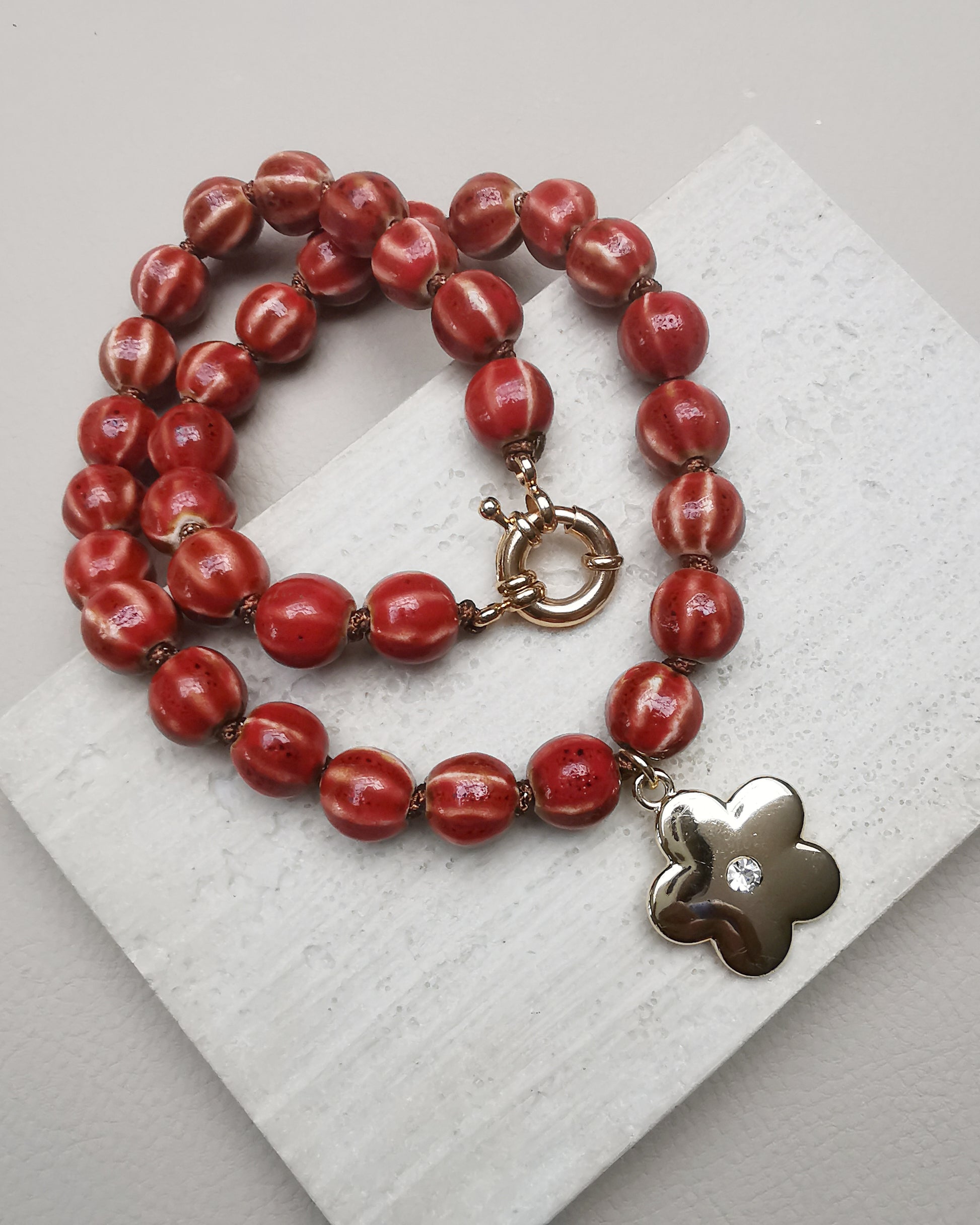 Red Chunky Ceramic Pumpkin Bead Necklace with Flower Pendant - Vinta Shop