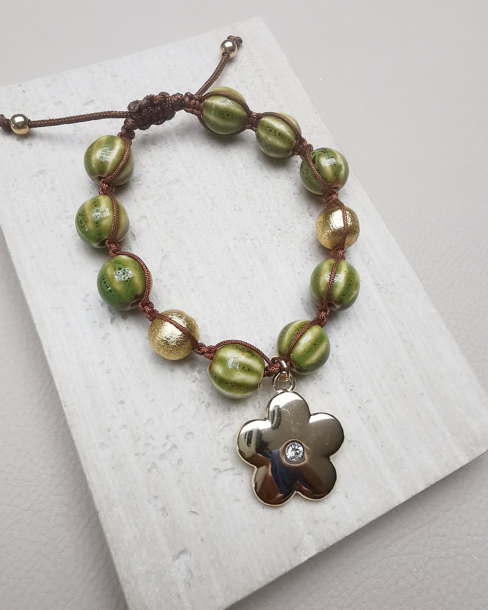 Green Chunky Ceramic Bracelet with Flower Pendant - Vinta Shop