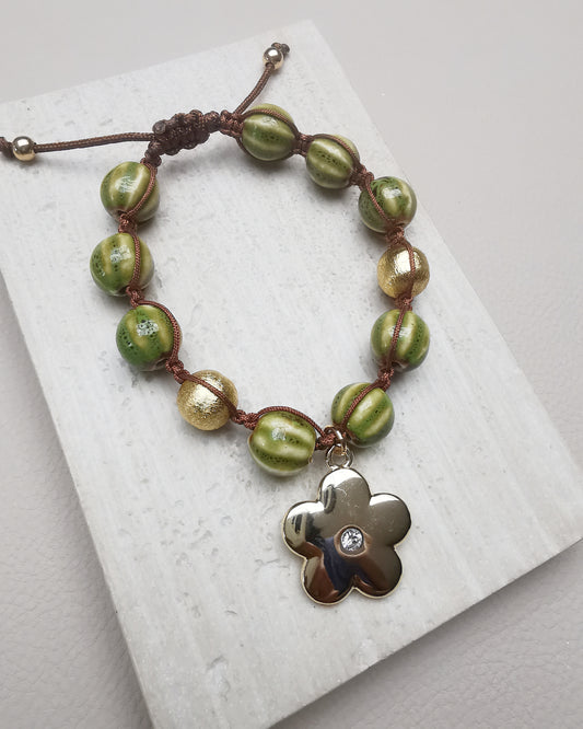 Green Chunky Ceramic Bracelet with Flower Pendant - Vinta Shop
