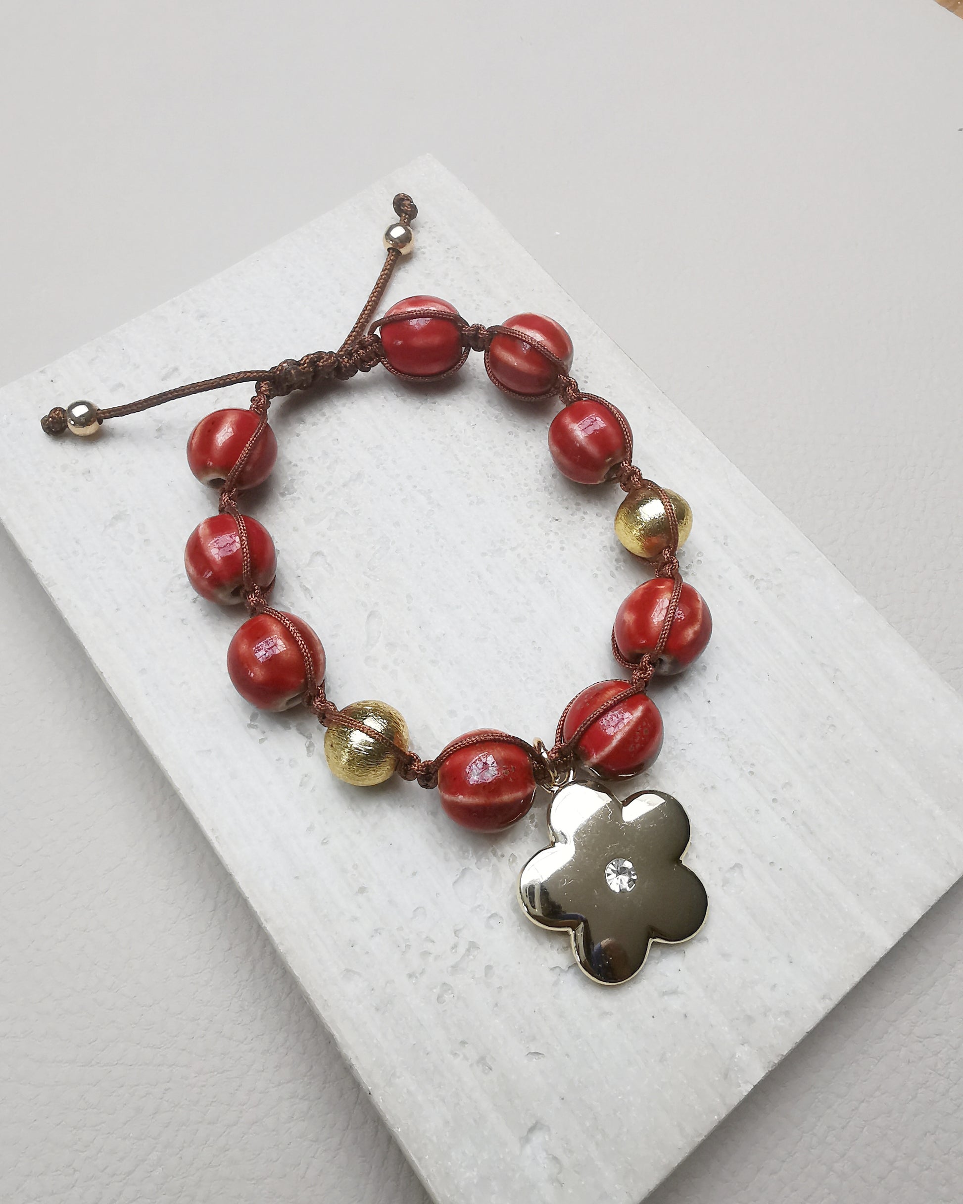 Red Chunky Ceramic Bracelet with Flower Pendant. - Vinta Shop