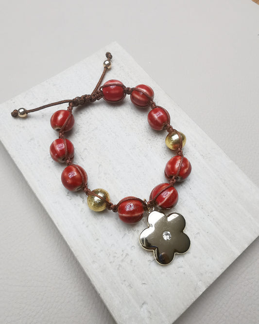 Red Chunky Ceramic Bracelet with Flower Pendant. - Vinta Shop