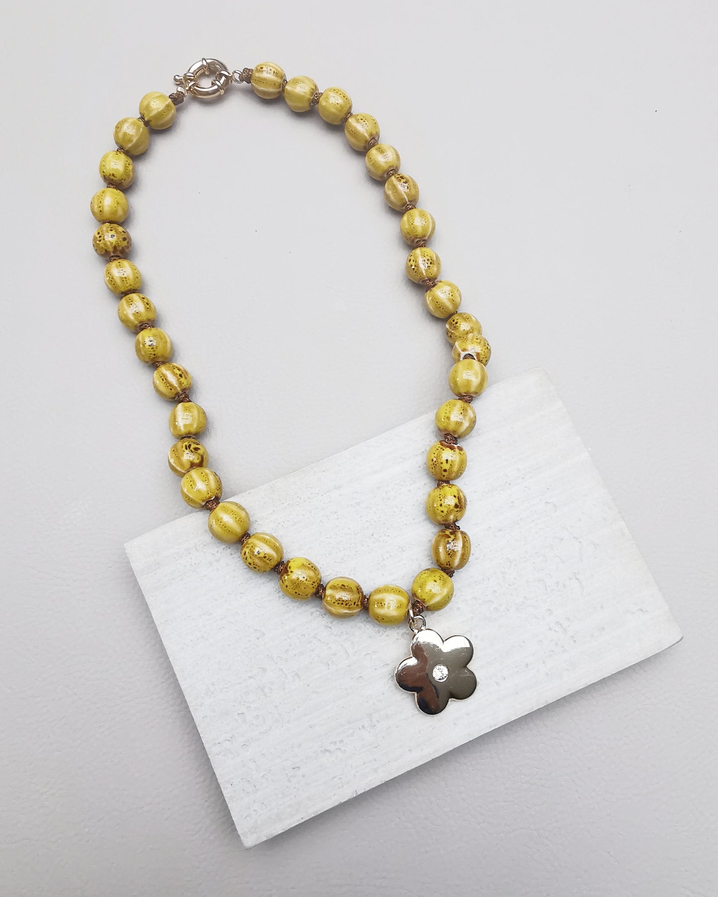 Yellow Chunky Ceramic Pumpkin Bead Necklace with Flower Pendant - Vinta Shop