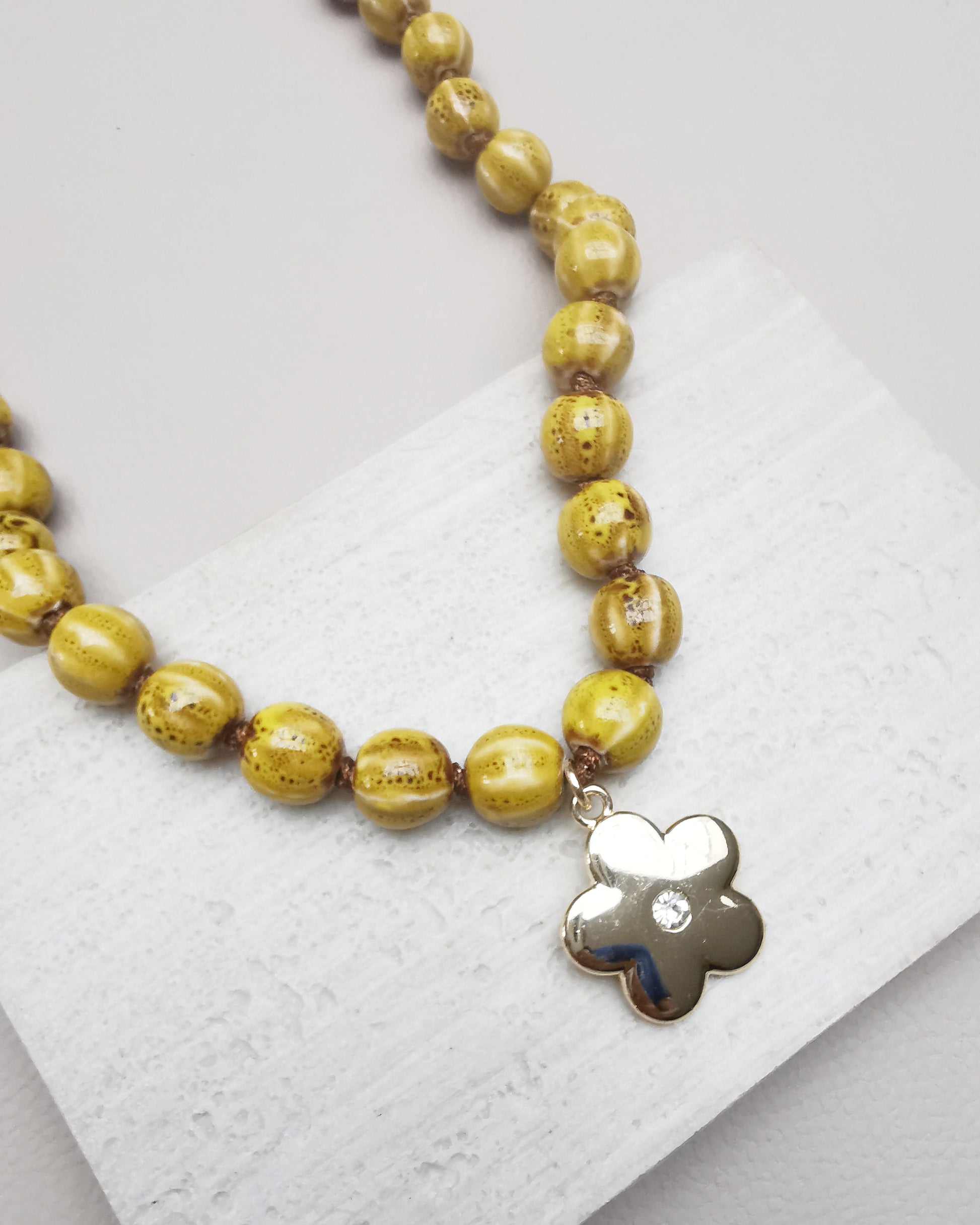 Yellow Chunky Ceramic Pumpkin Bead Necklace with Flower Pendant - Vinta Shop