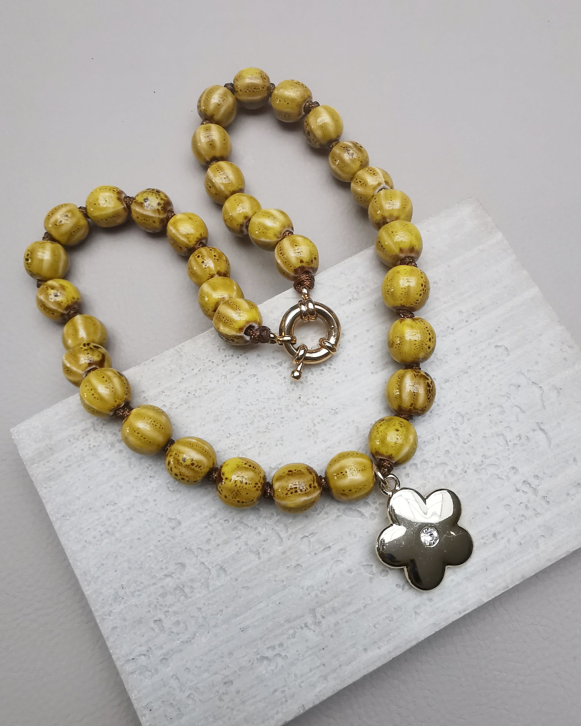 Yellow Chunky Ceramic Pumpkin Bead Necklace with Flower Pendant - Vinta Shop