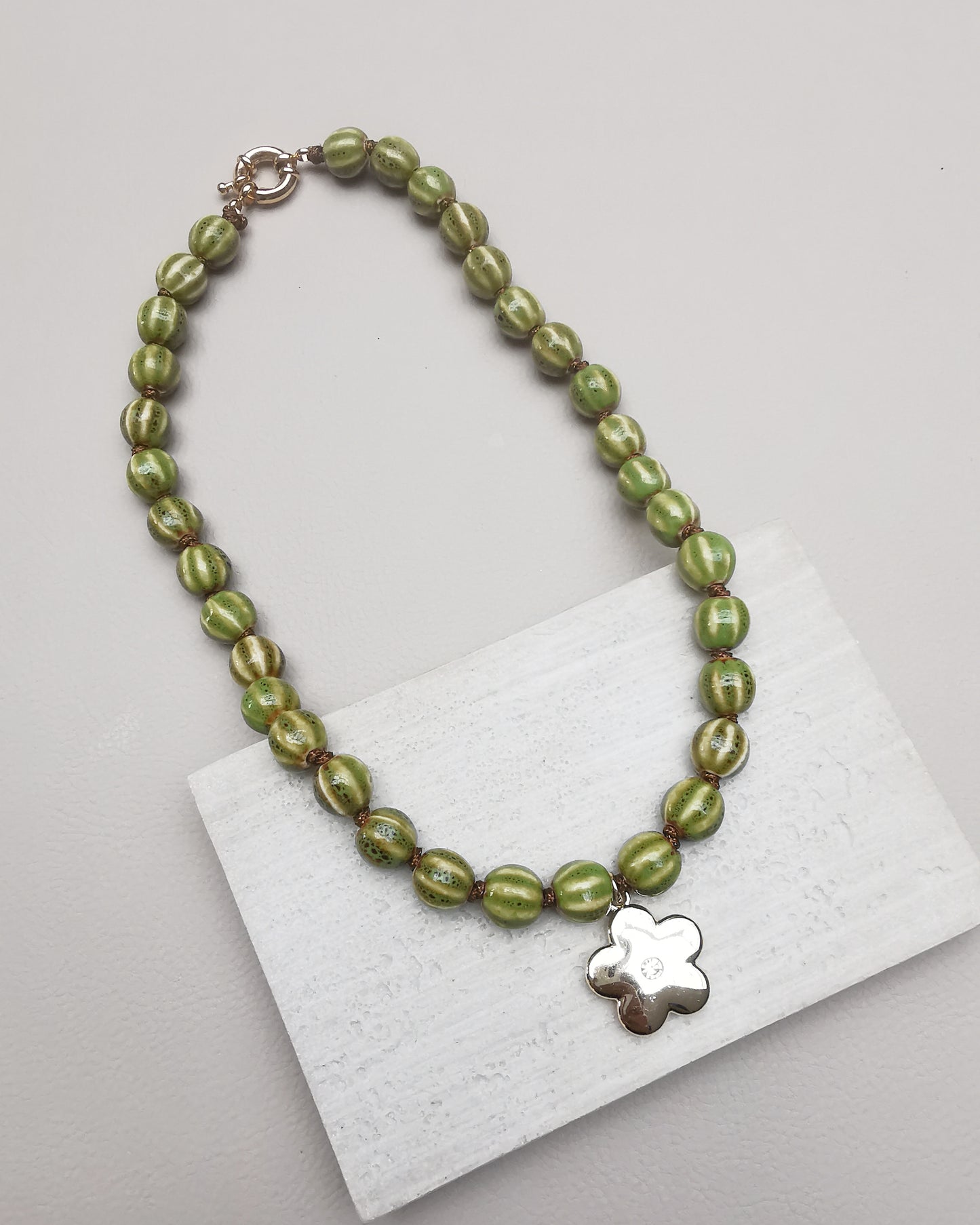 Green Chunky Ceramic Pumpkin Bead Necklace with Flower Pendant - Vinta Shop