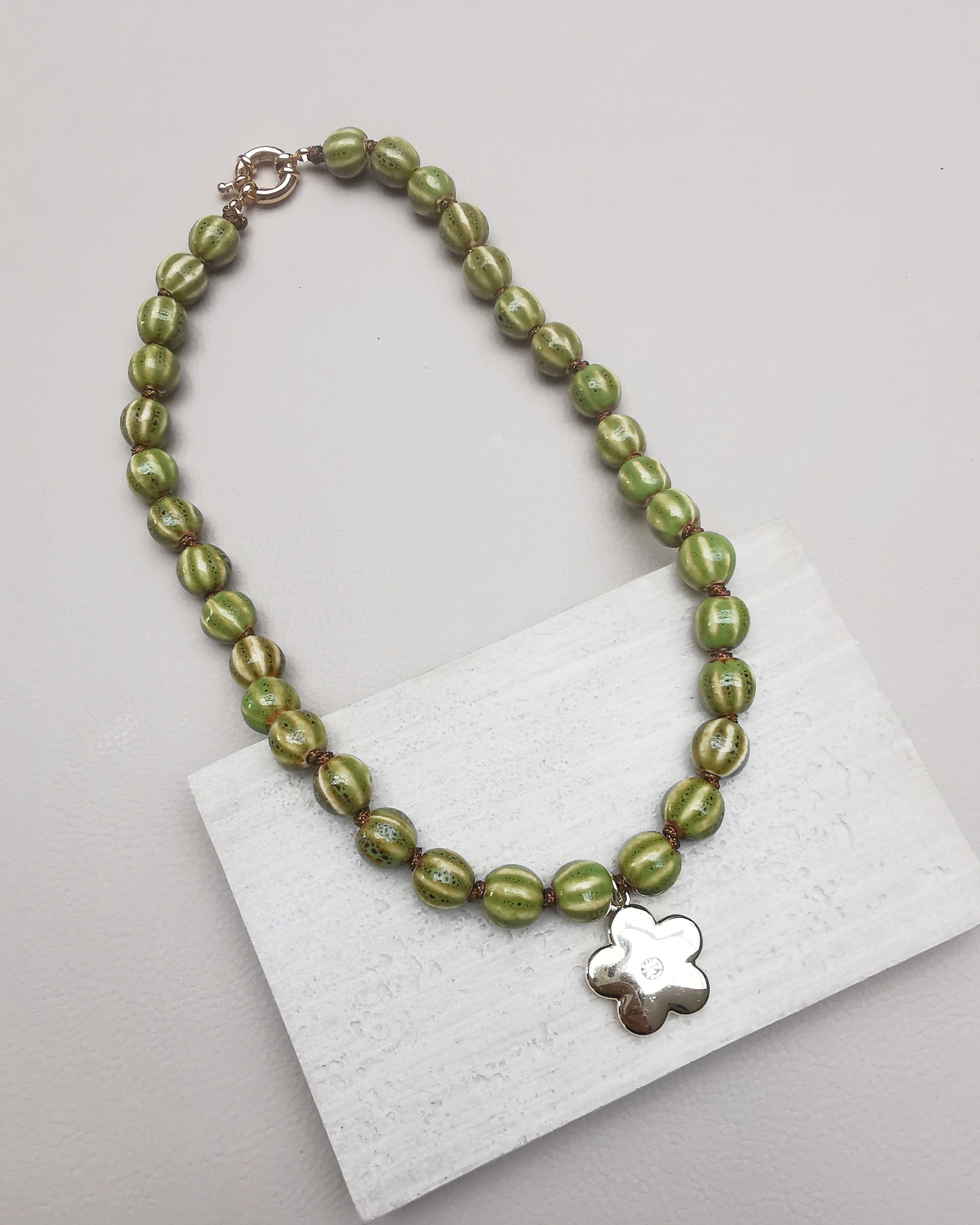 Green Chunky Ceramic Pumpkin Bead Necklace with Flower Pendant - Vinta Shop