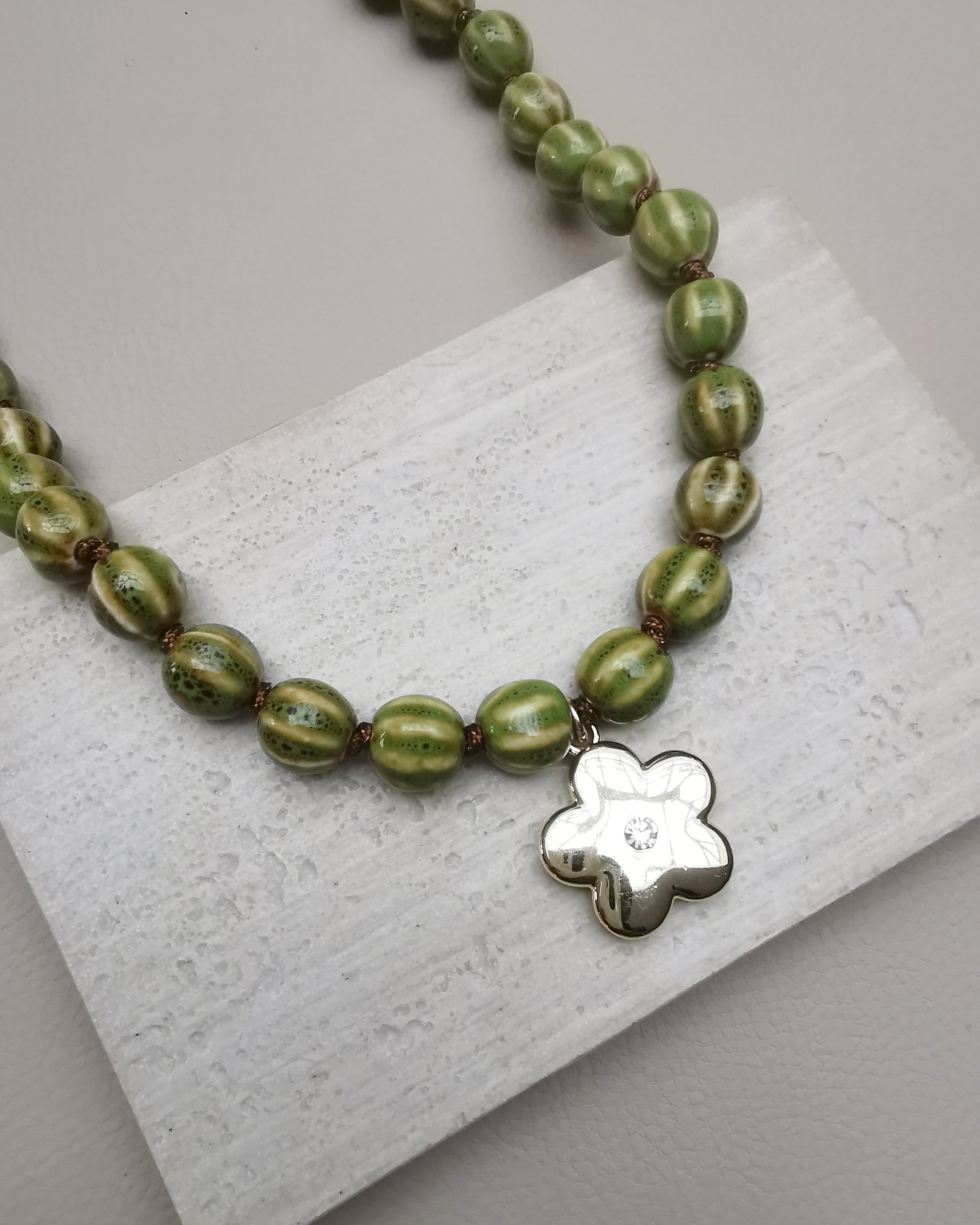 Green Chunky Ceramic Pumpkin Bead Necklace with Flower Pendant - Vinta Shop