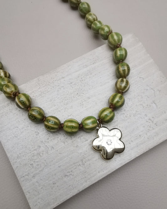 Green Chunky Ceramic Pumpkin Bead Necklace with Flower Pendant - Vinta Shop