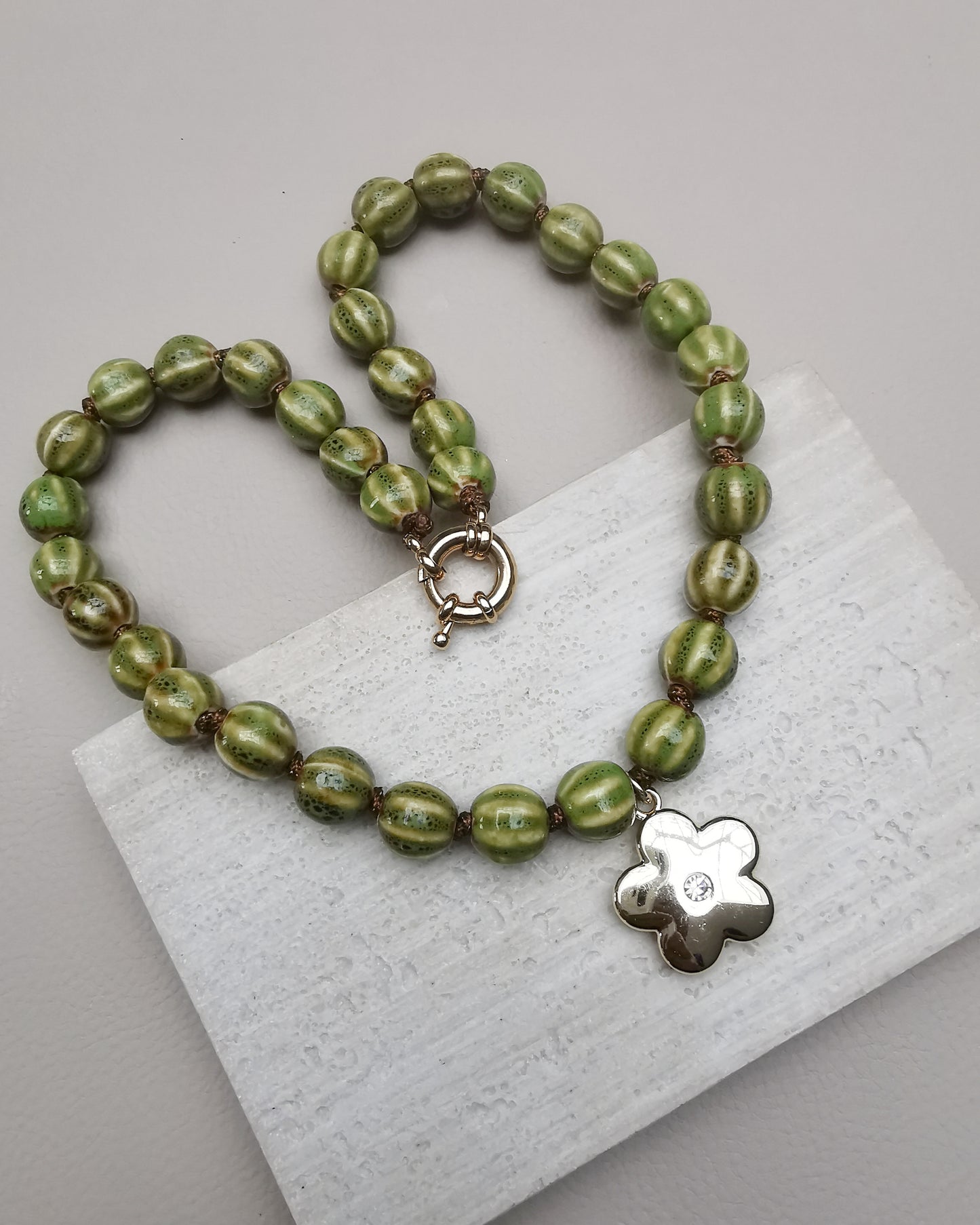 Green Chunky Ceramic Pumpkin Bead Necklace with Flower Pendant - Vinta Shop