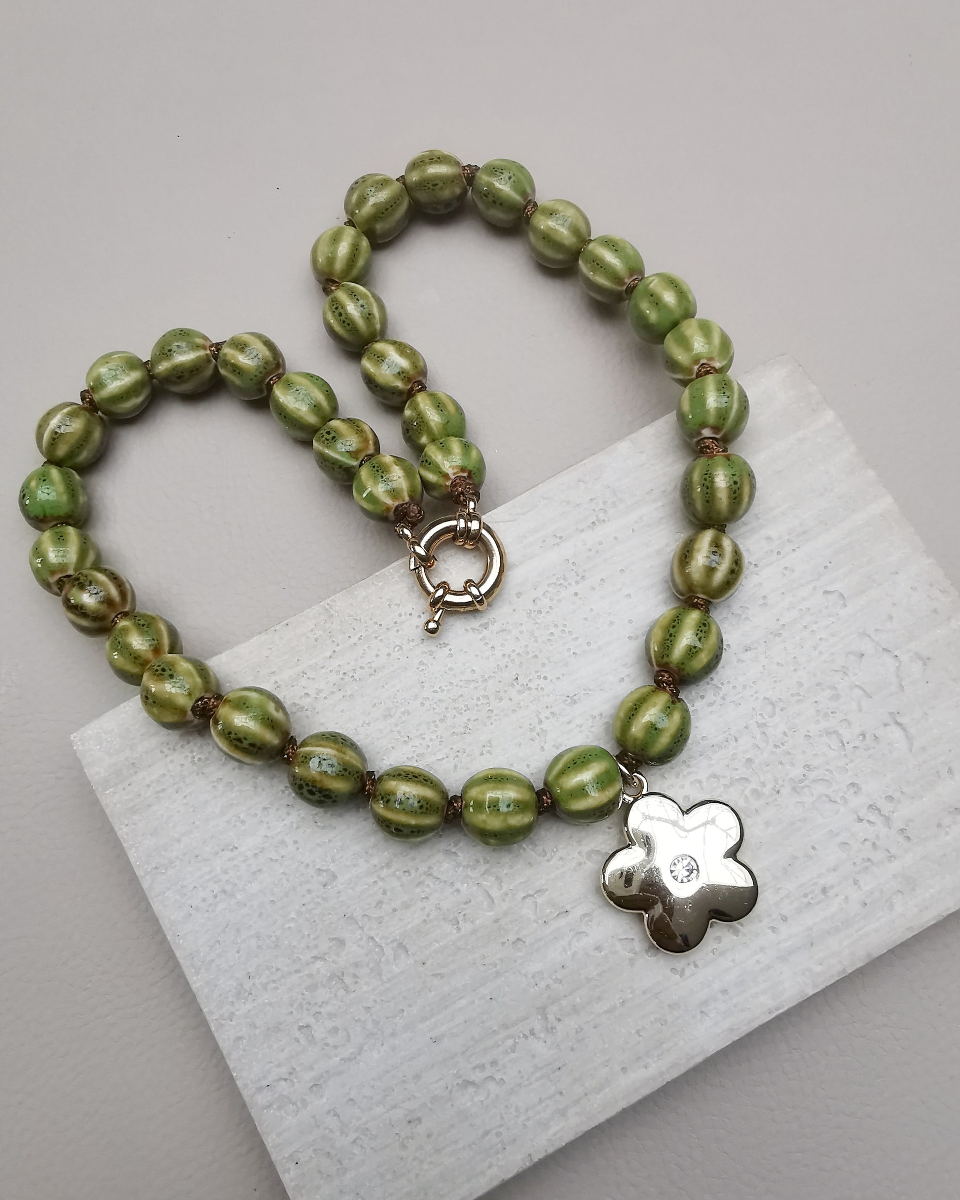 Green Chunky Ceramic Pumpkin Bead Necklace with Flower Pendant - Vinta Shop