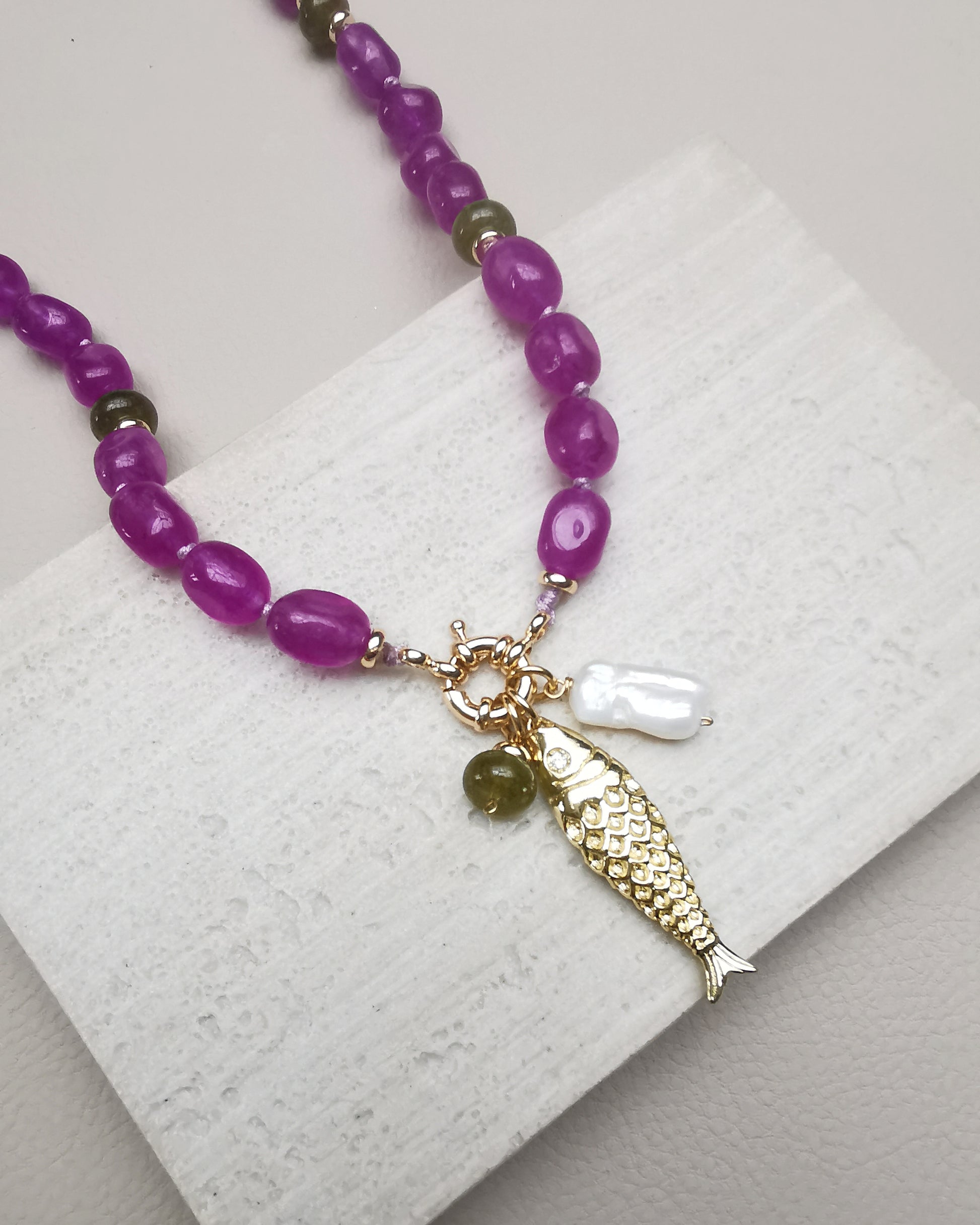 El Pescador || Purple Jade Beaded Necklace with Fish Charm & Pearl. - Vinta Shop