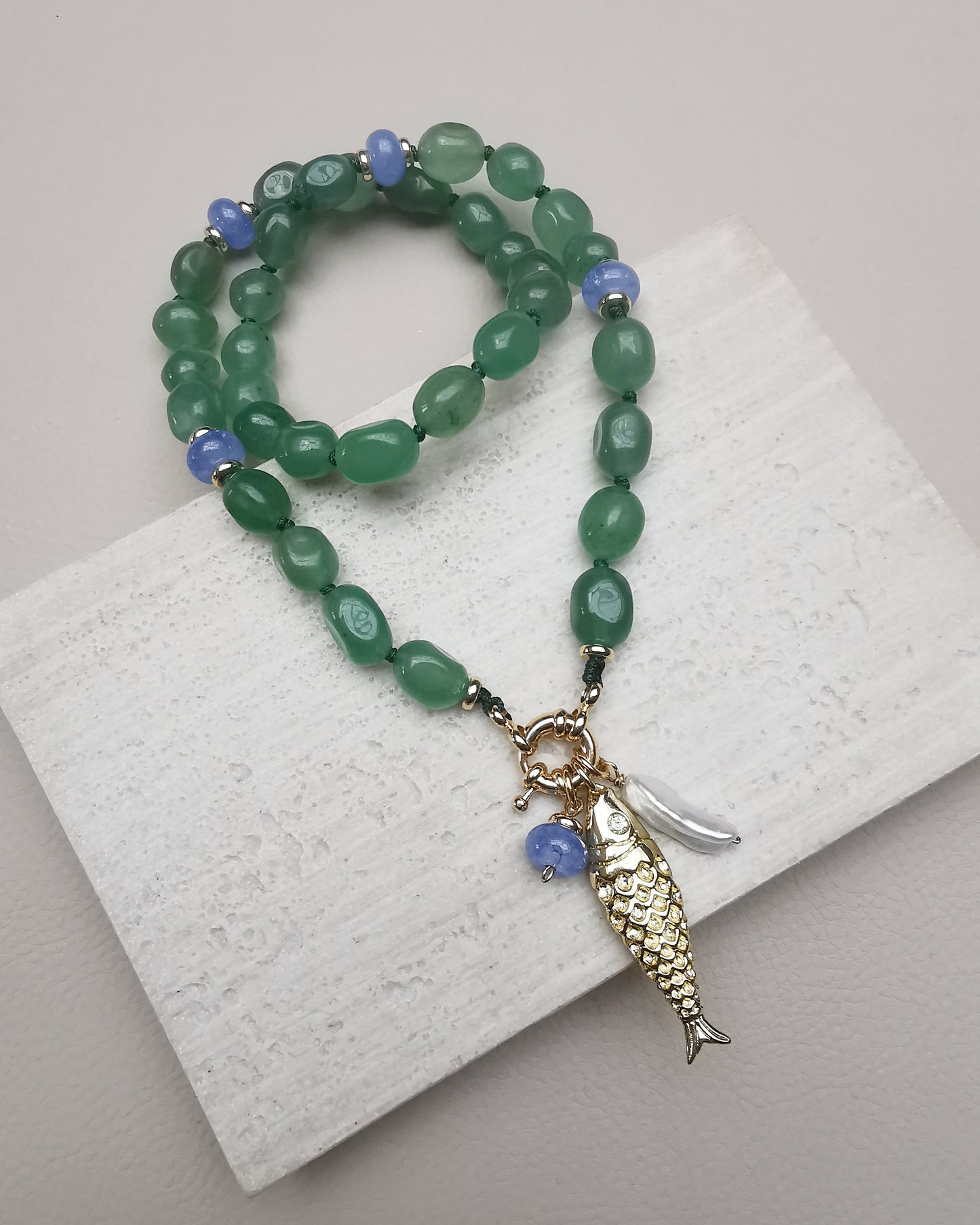 El Pescador || Green Jade Beaded Necklace with Fish Charm & Pearl. - Vinta Shop