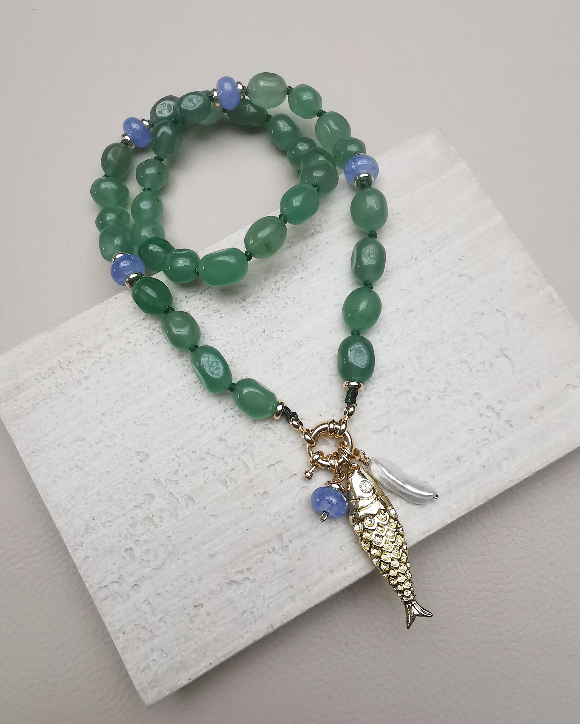 El Pescador || Green Jade Beaded Necklace with Fish Charm & Pearl. - Vinta Shop