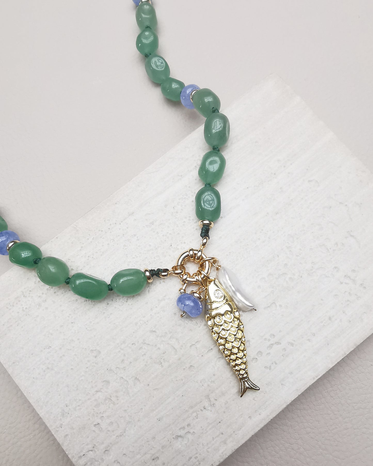 El Pescador || Green Jade Beaded Necklace with Fish Charm & Pearl. - Vinta Shop