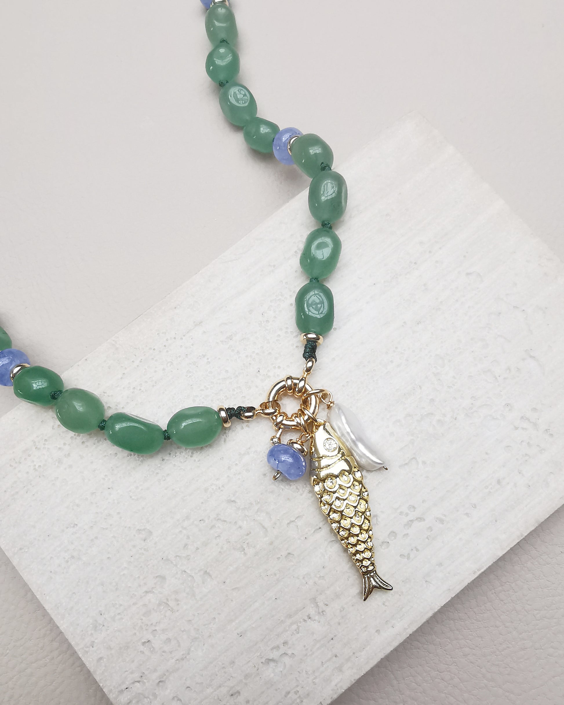 El Pescador || Green Jade Beaded Necklace with Fish Charm & Pearl. - Vinta Shop