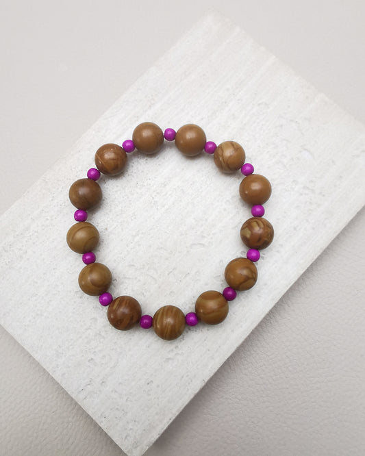 Brown Agate Elastic Bracelet with Purple Howlite Beads. - Vinta Shop