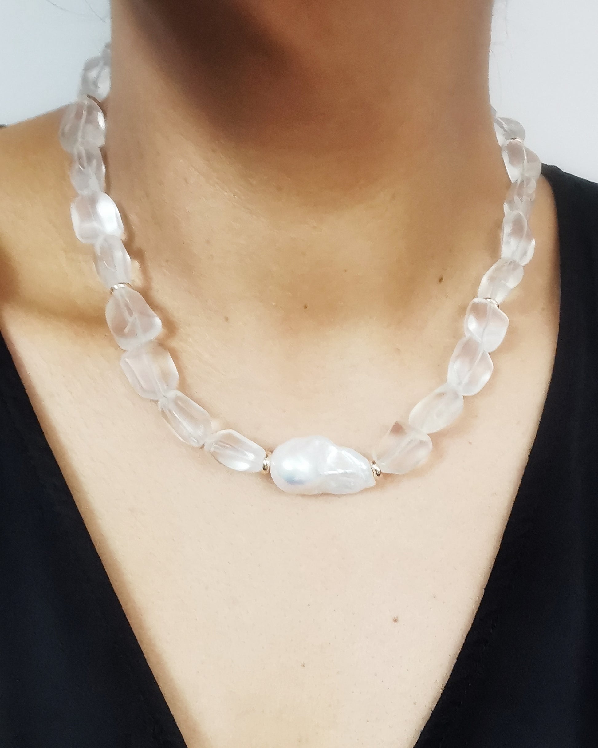 Chunky Statement Necklace with Clear Frosty Nugget Crystals & Baroque Pearl - Vinta Shop