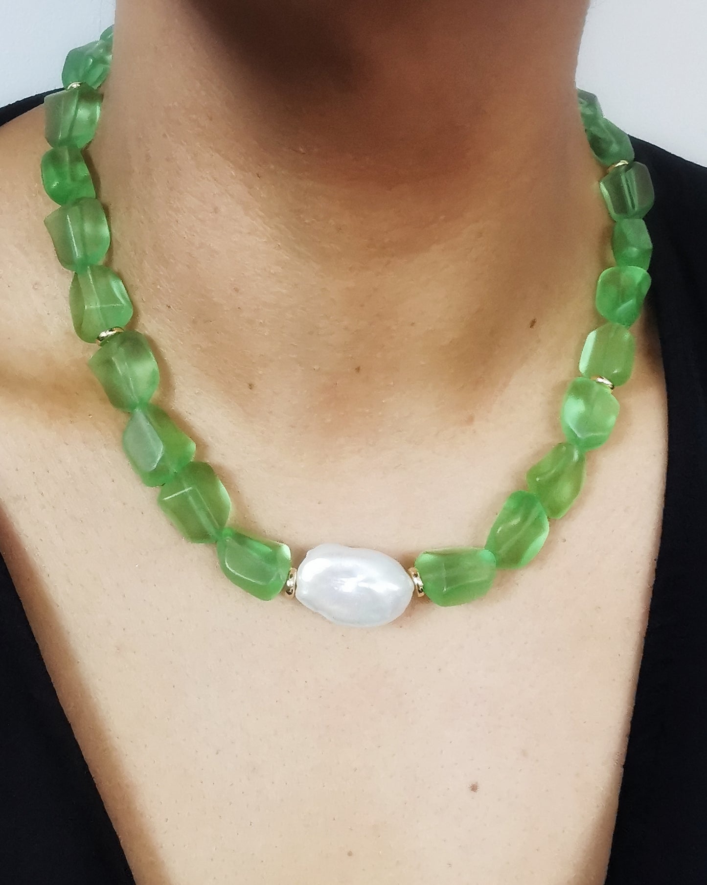 Chunky Statement Necklace with Lime Frosty Nugget Crystals & Baroque Pearl - Vinta Shop
