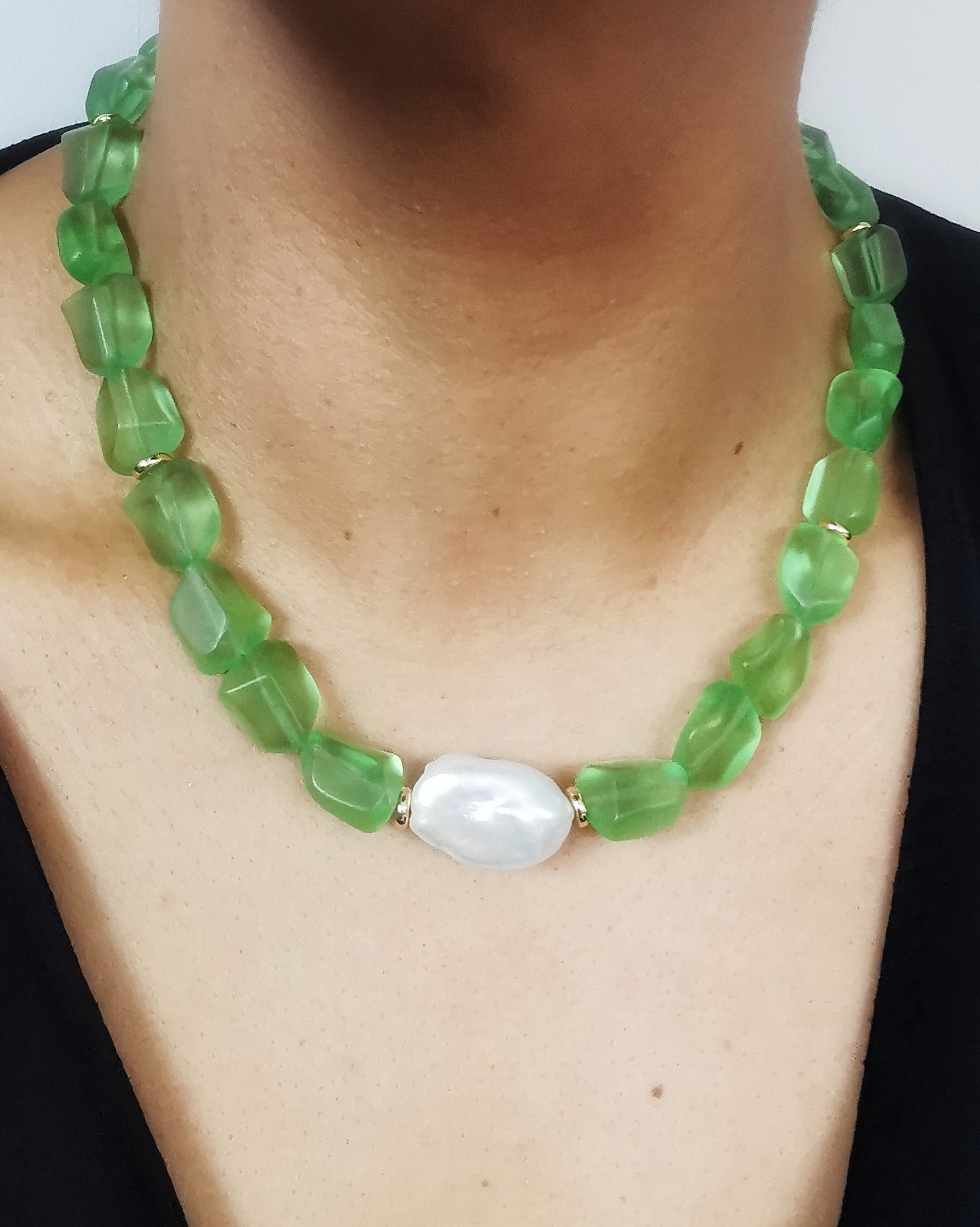 Chunky Statement Necklace with Lime Frosty Nugget Crystals & Baroque Pearl - Vinta Shop