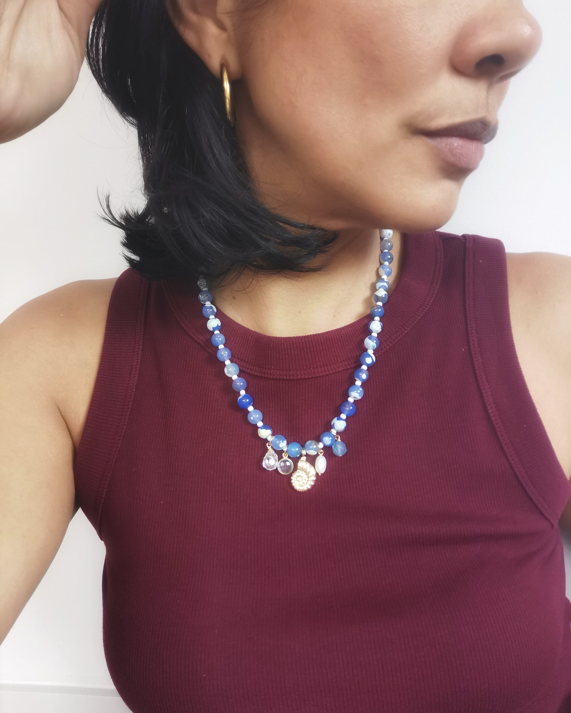 Blue Fire Crackle Agate Beaded Necklace with Charms - Vinta Shop