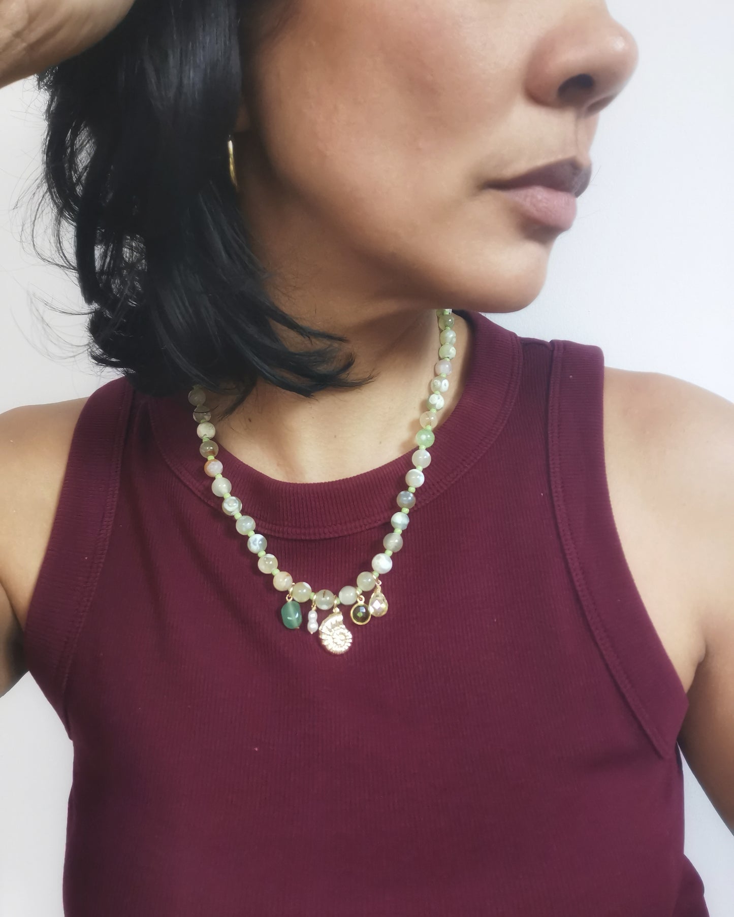 Yellow Fire Crackle Agate Beaded Necklace with Charms. - Vinta Shop