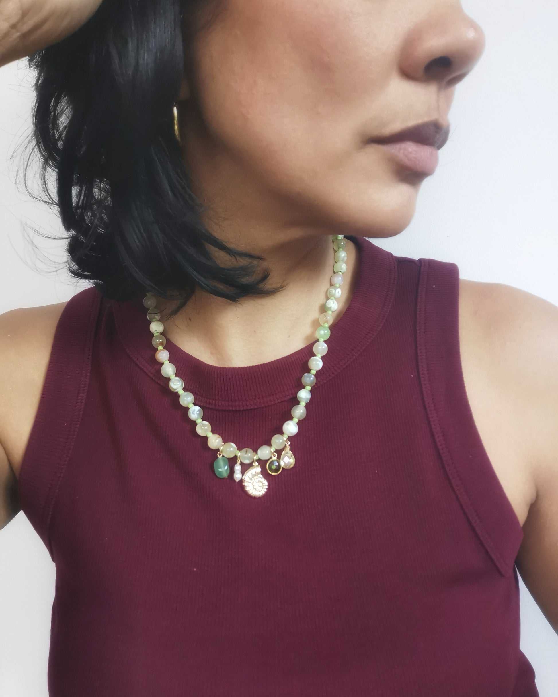 Yellow Fire Crackle Agate Beaded Necklace with Charms. - Vinta Shop