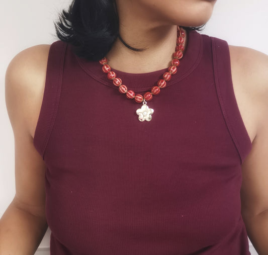 Red Chunky Ceramic Pumpkin Bead Necklace with Flower Pendant - Vinta Shop