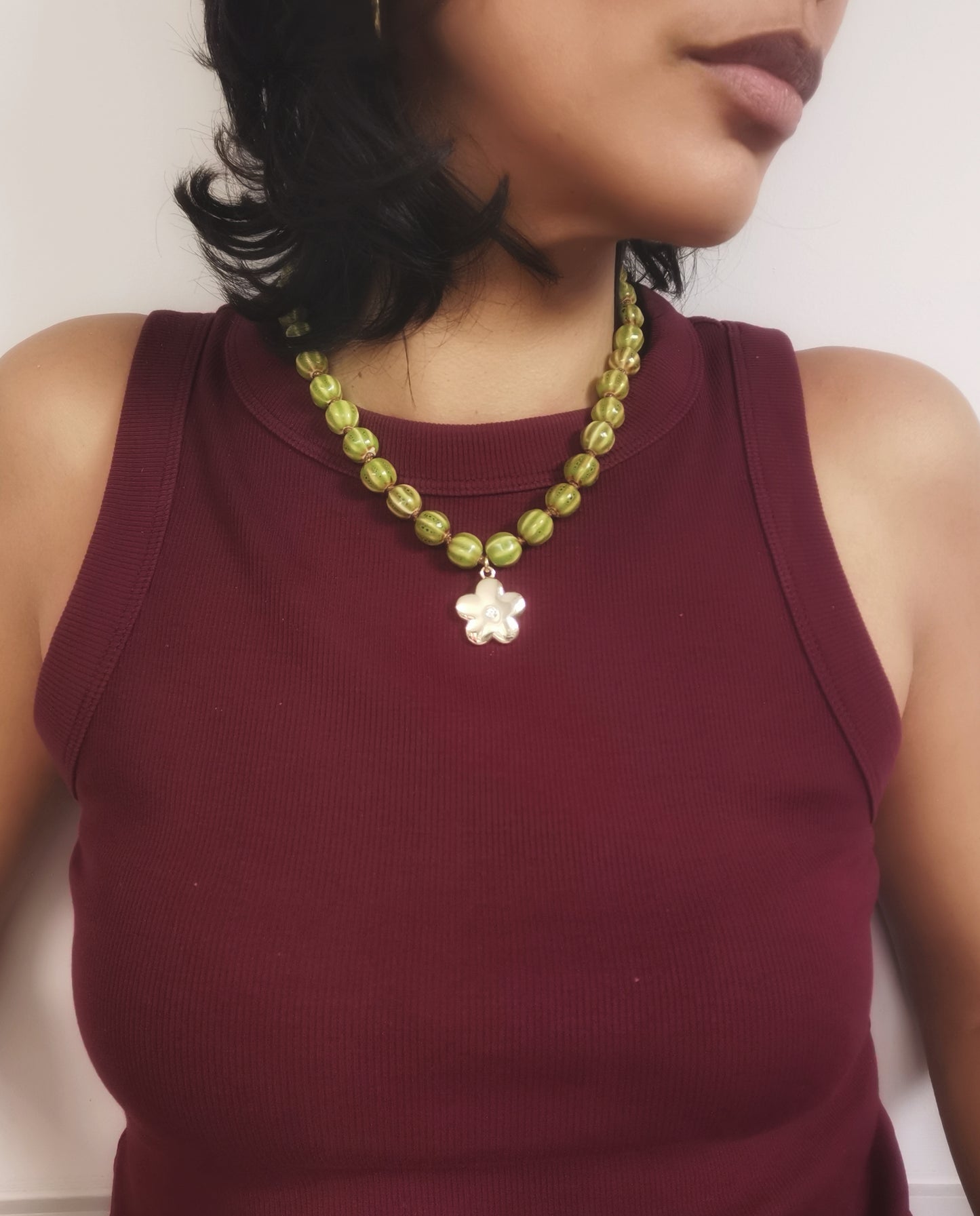 Green Chunky Ceramic Pumpkin Bead Necklace with Flower Pendant - Vinta Shop