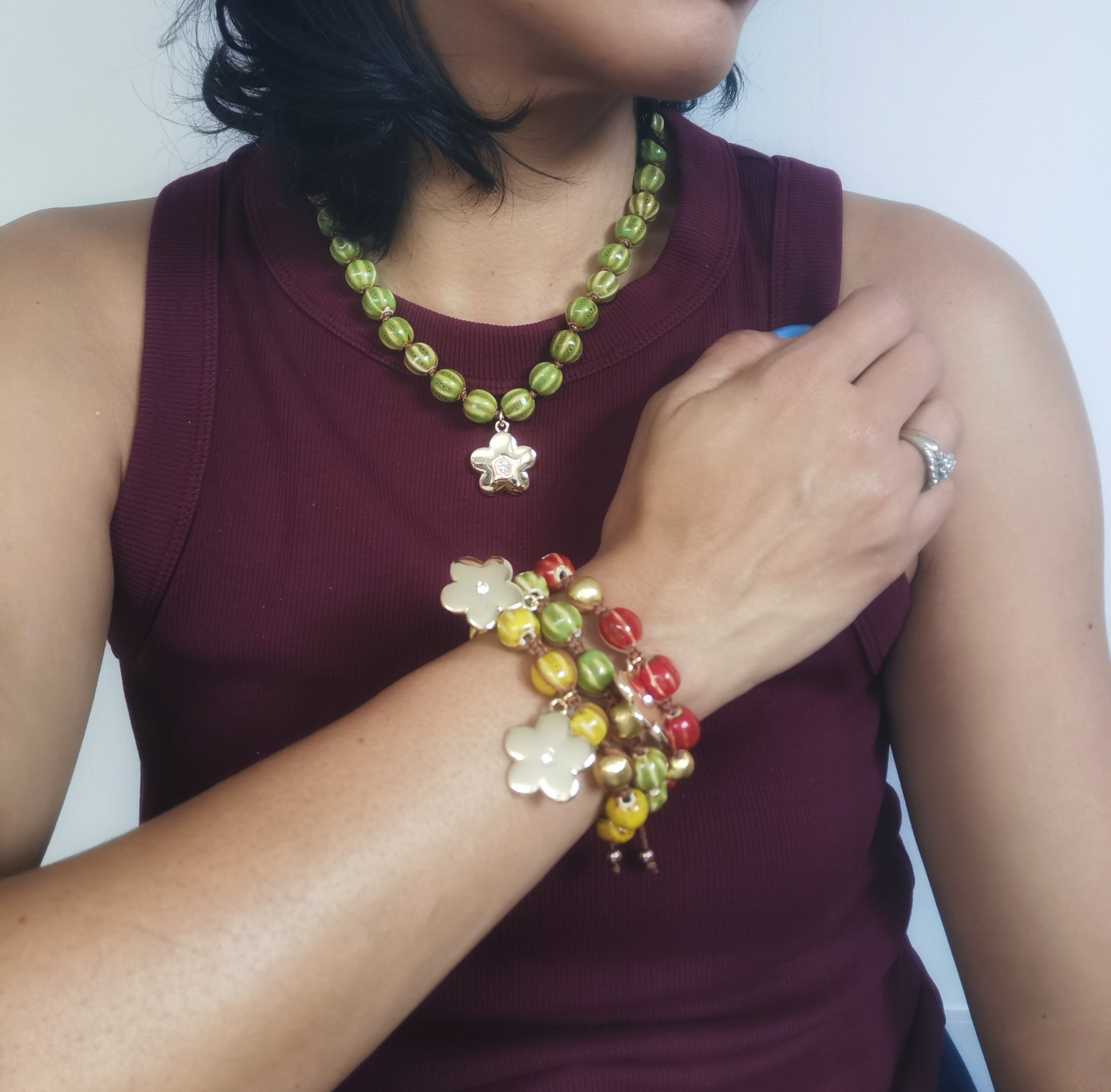Green Chunky Ceramic Bracelet with Flower Pendant - Vinta Shop
