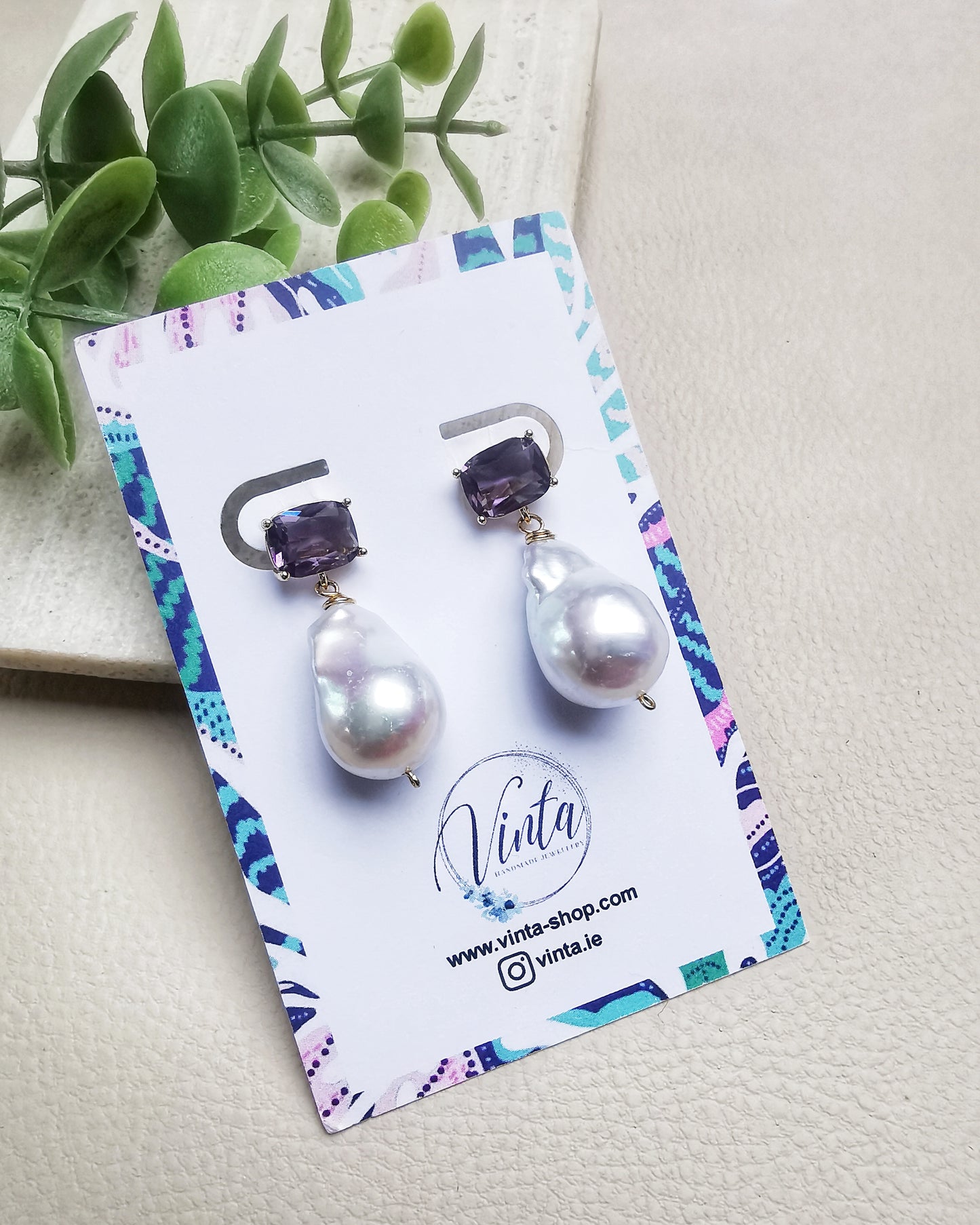 Baroque Freshwater Pearl Drop Earrings with Purple Crystal Stud - Vinta Shop
