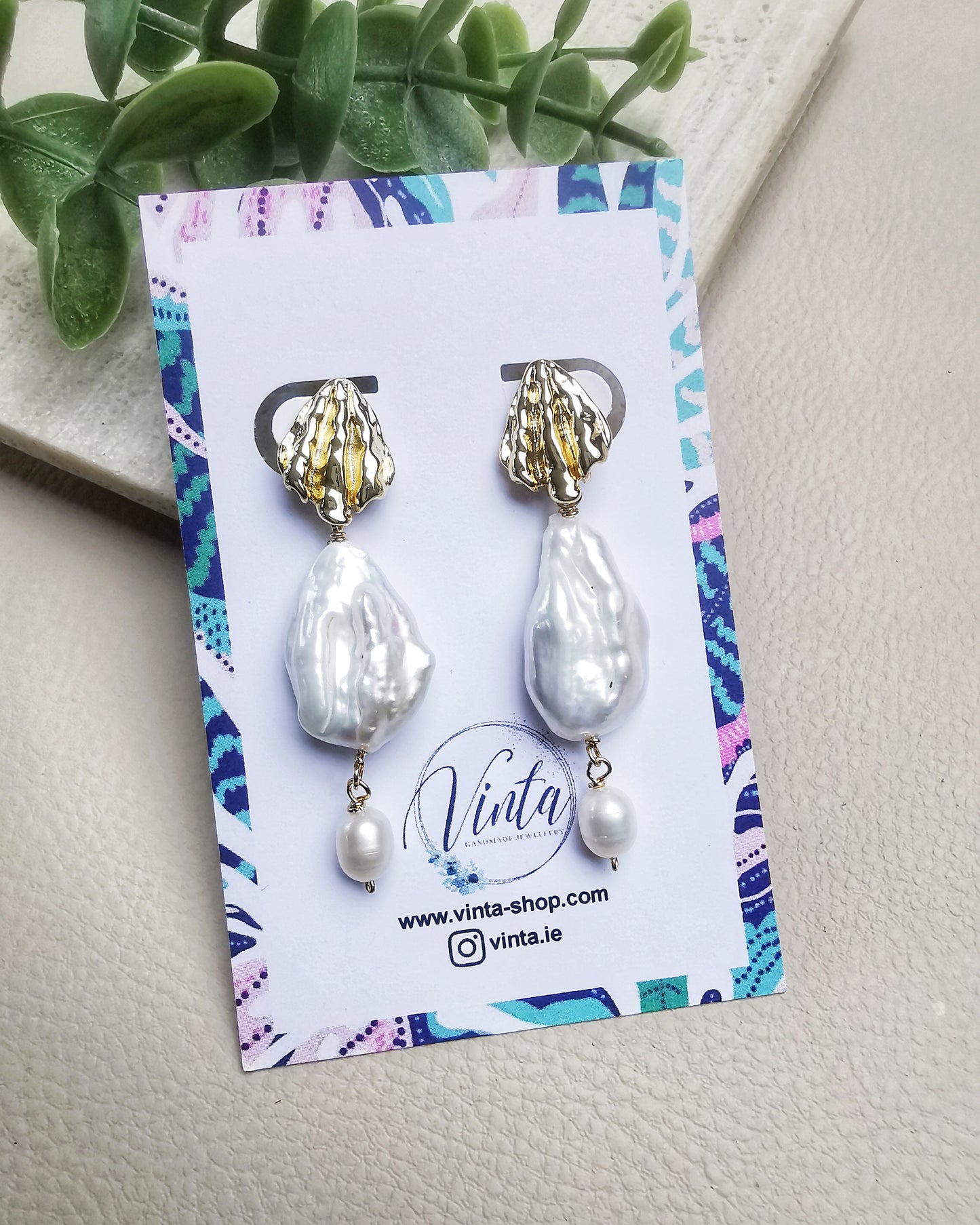 Baroque Pearl Stud Earrings with Gold Seashell Detail - Vinta Shop