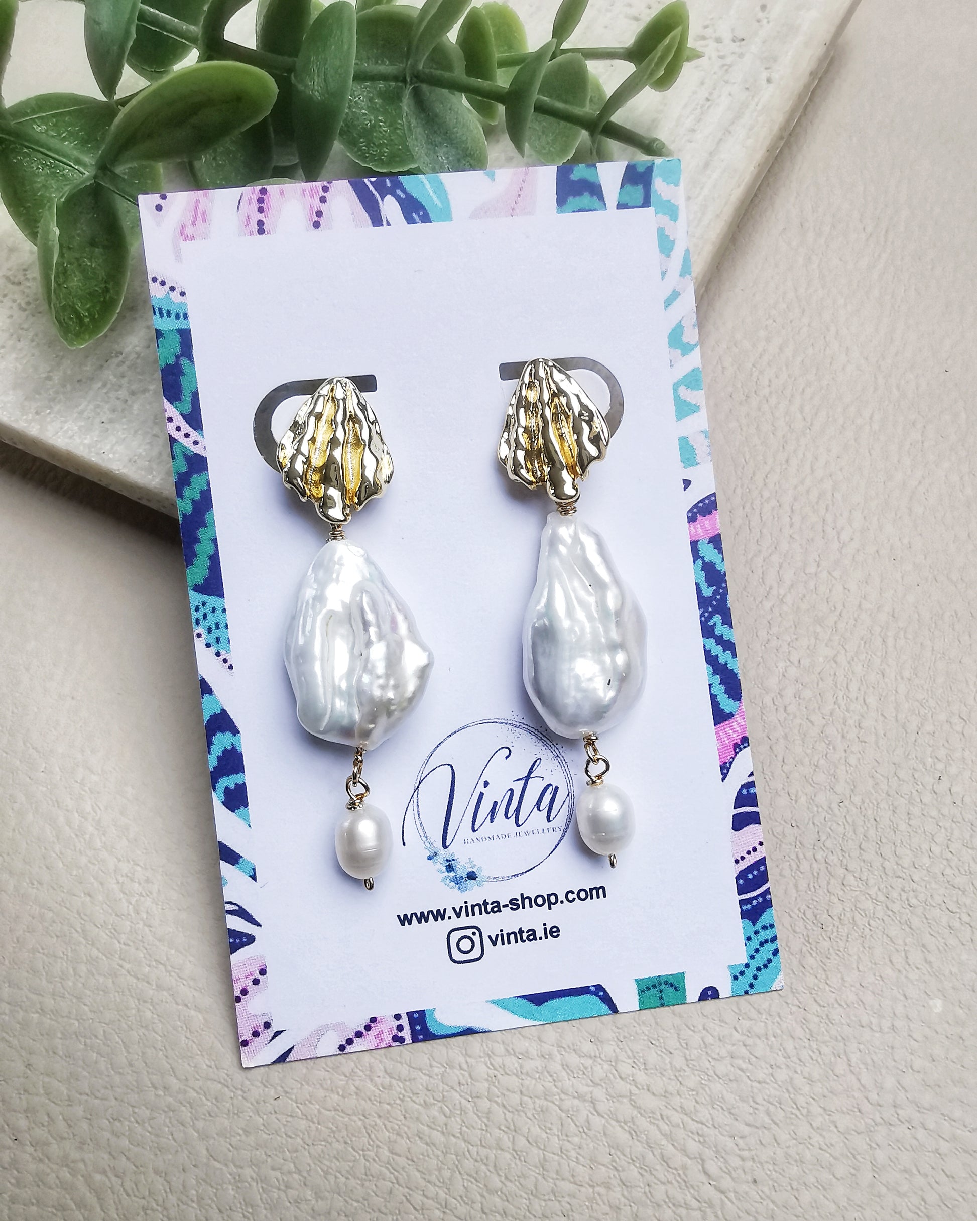 Baroque Pearl Stud Earrings with Gold Seashell Detail - Vinta Shop