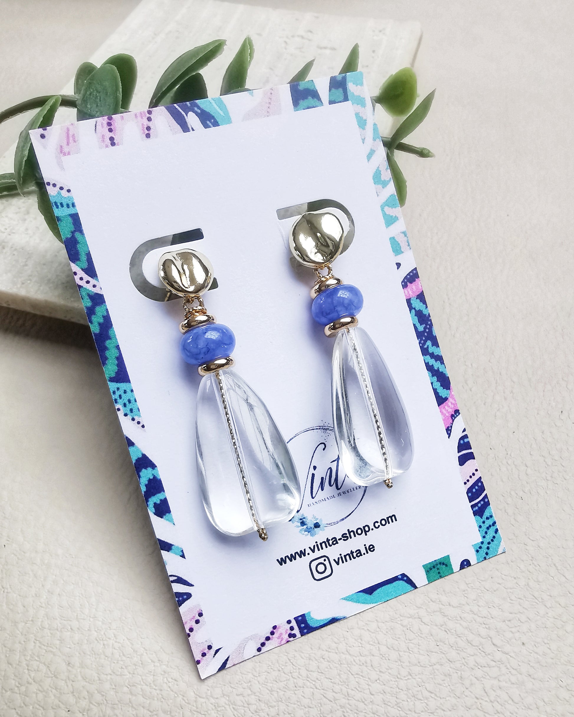 Crystal Earrings with Blue Jade Rondelles & Gold Button Stud Earrings - Vinta Shop