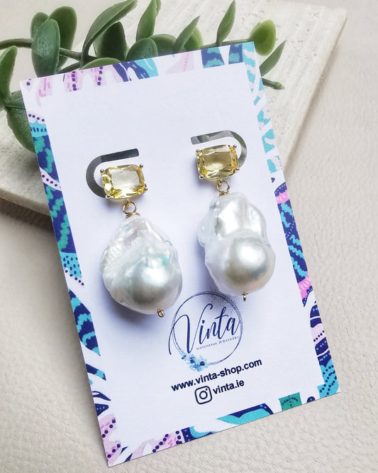 Baroque Freshwater Pearl Drop Earrings with Yellow Crystal Stud - Vinta Shop