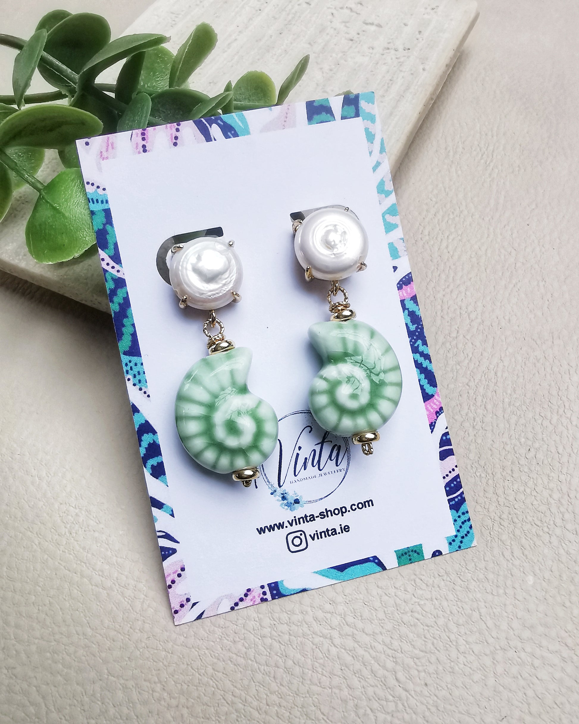 Statement Conch Earrings with Aqua Ceramic Bead - Vinta Shop