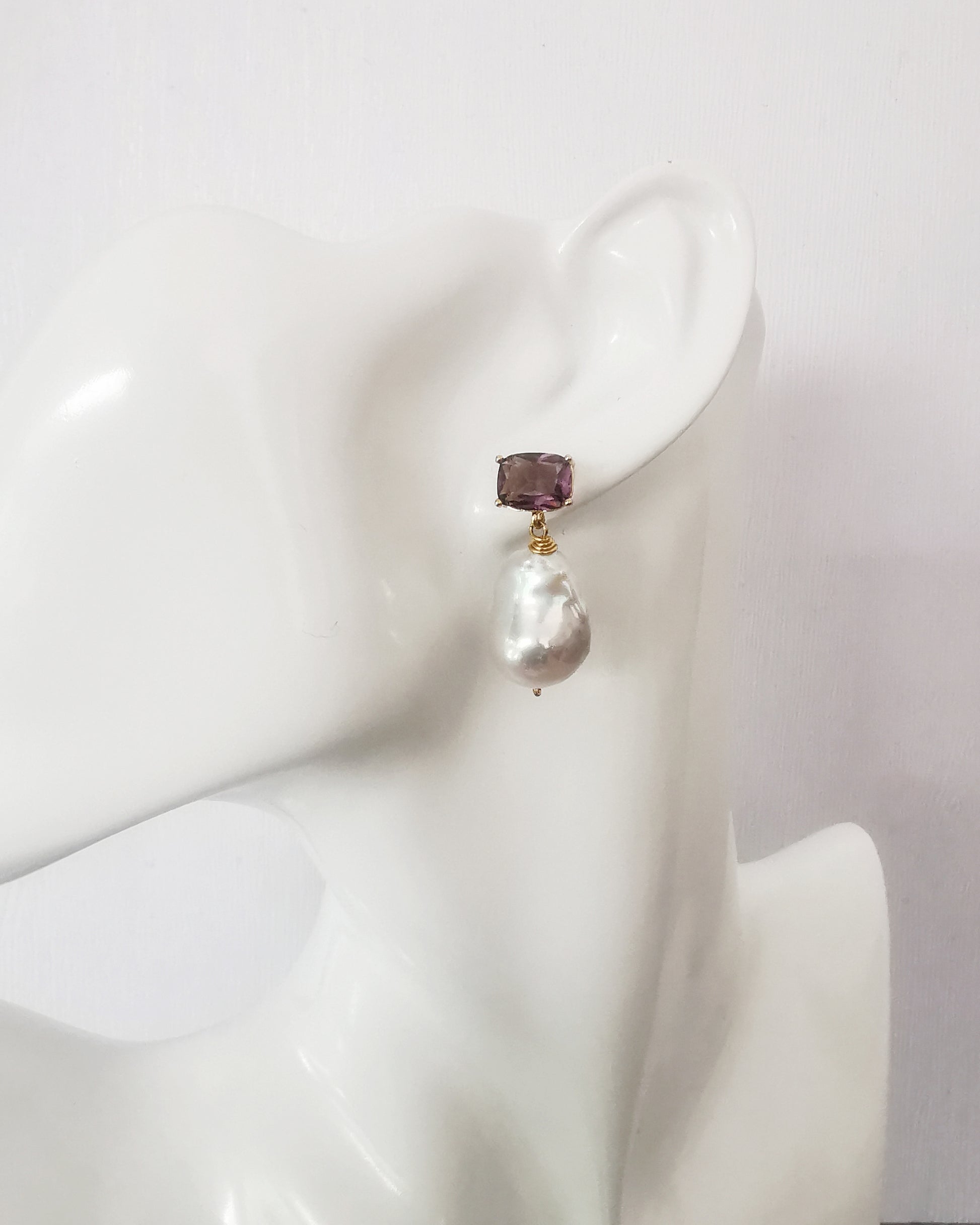 Baroque Freshwater Pearl Drop Earrings with Purple Crystal Stud - Vinta Shop