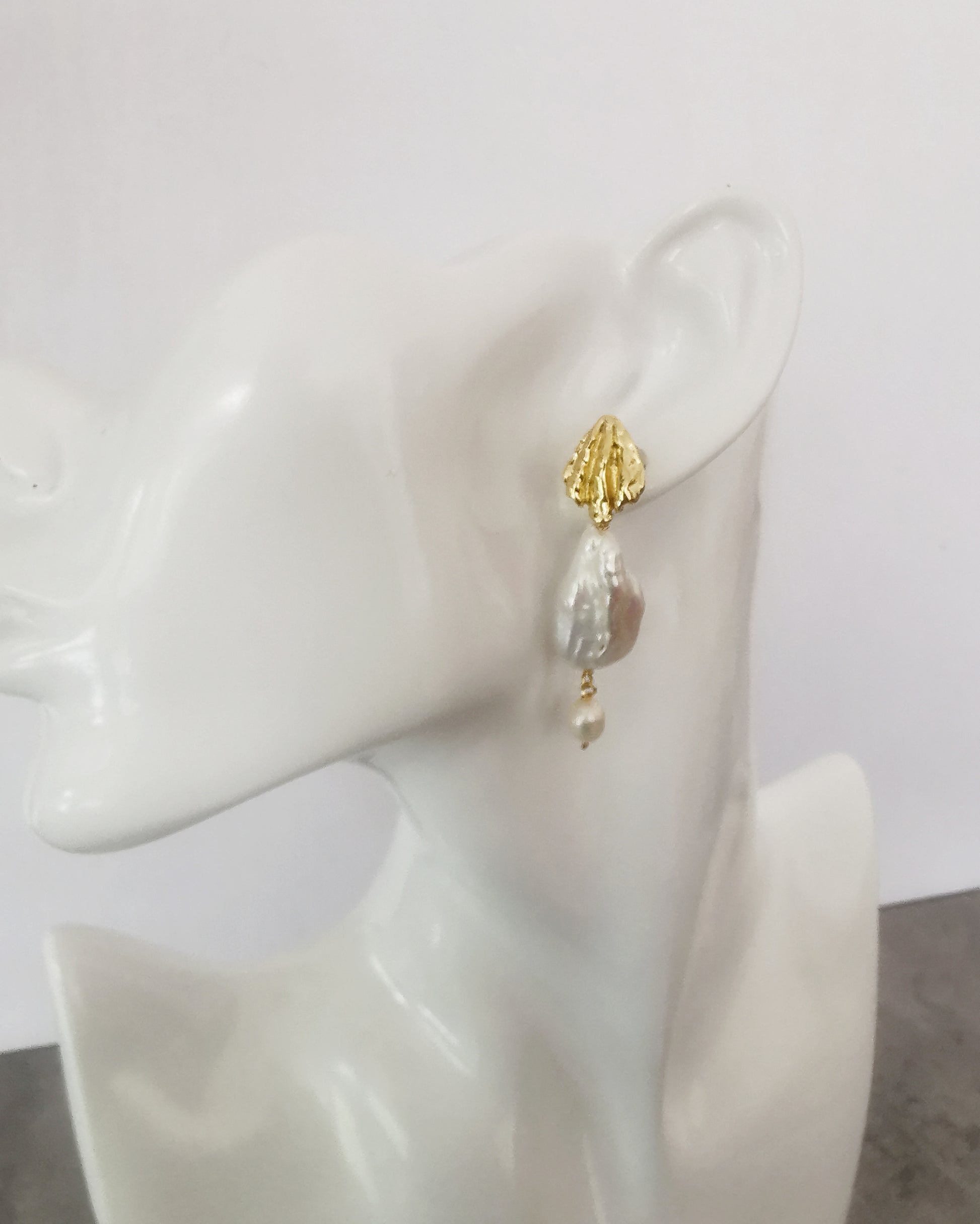 Baroque Pearl Stud Earrings with Gold Seashell Detail - Vinta Shop
