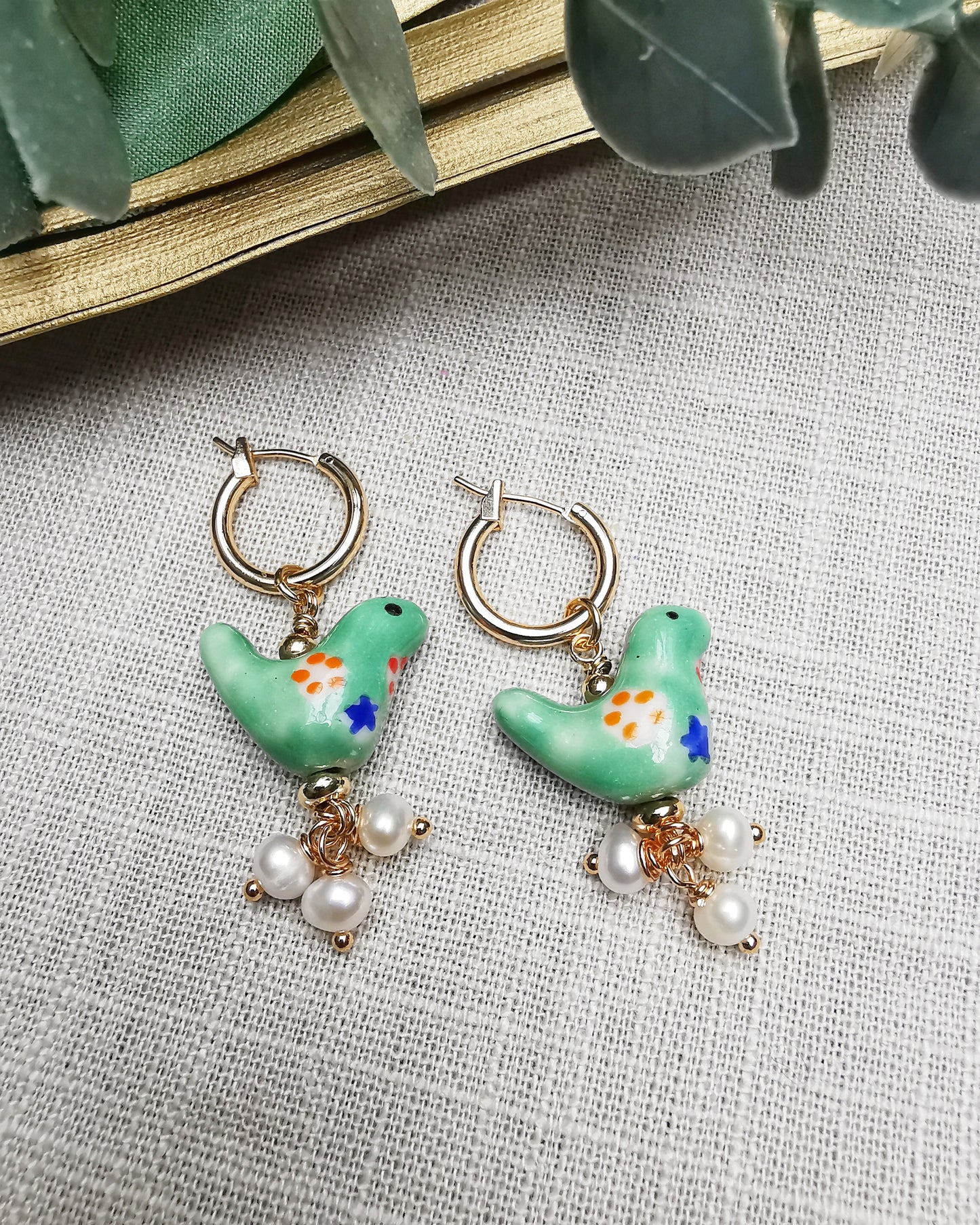 Green Birds + Freshwater Pearls Drop Earrings