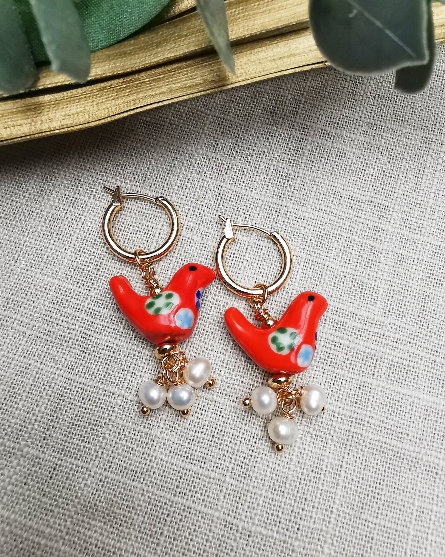 Red Birds + Freshwater Pearls Drop Earrings