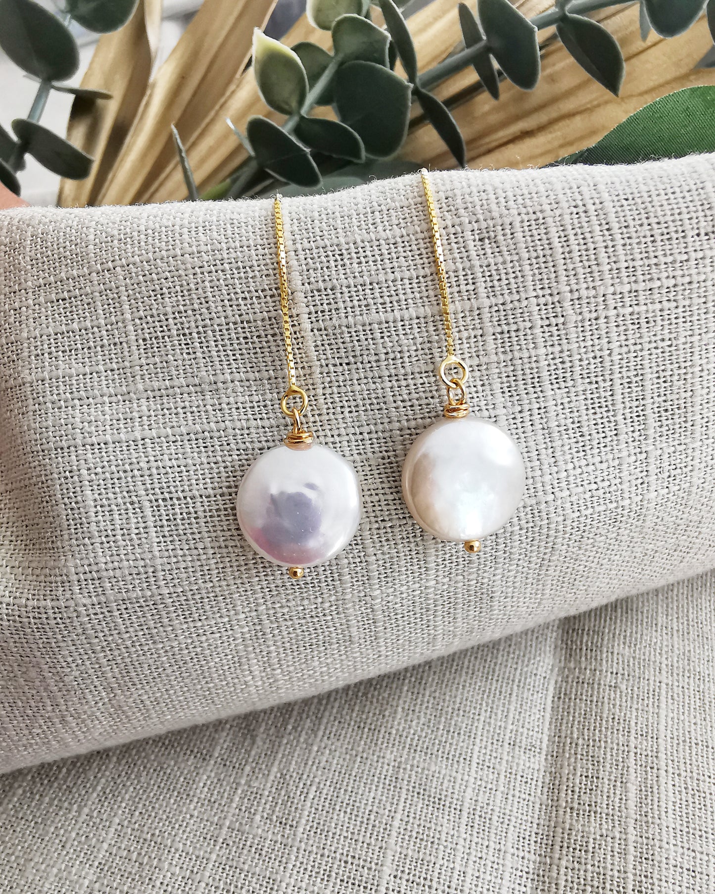 18k Gold Plated over 925 Sterling Silver Freshwater Pearl Threader Earrings.