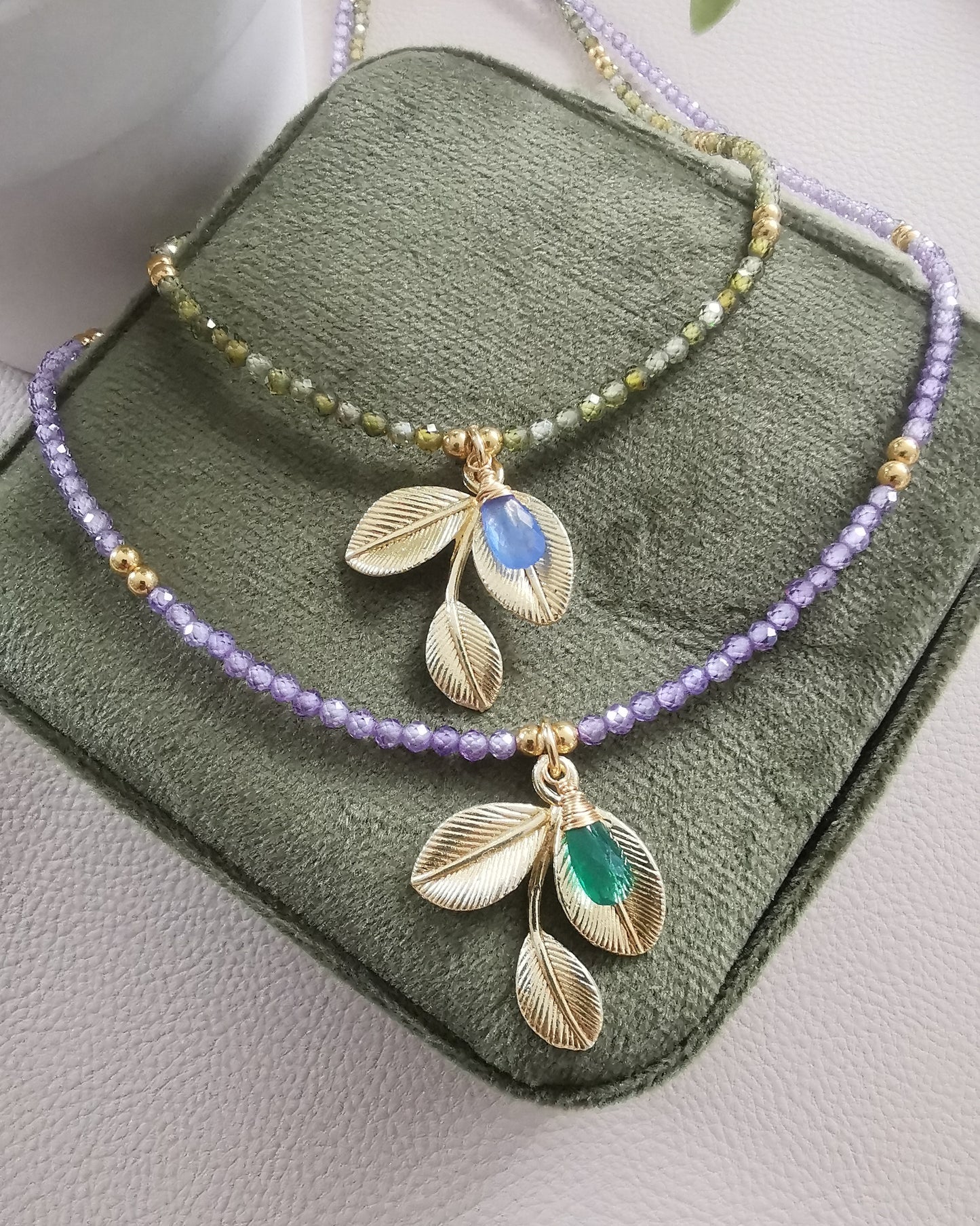 OLIVIA - Olive Leaf Bead Necklace with Wire-Wrapped Gemstone.