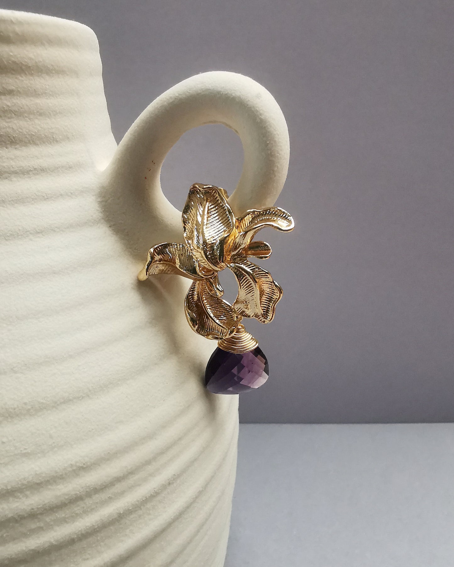 Orchid Flower Earrings with Amethyst Trillion Gemstone