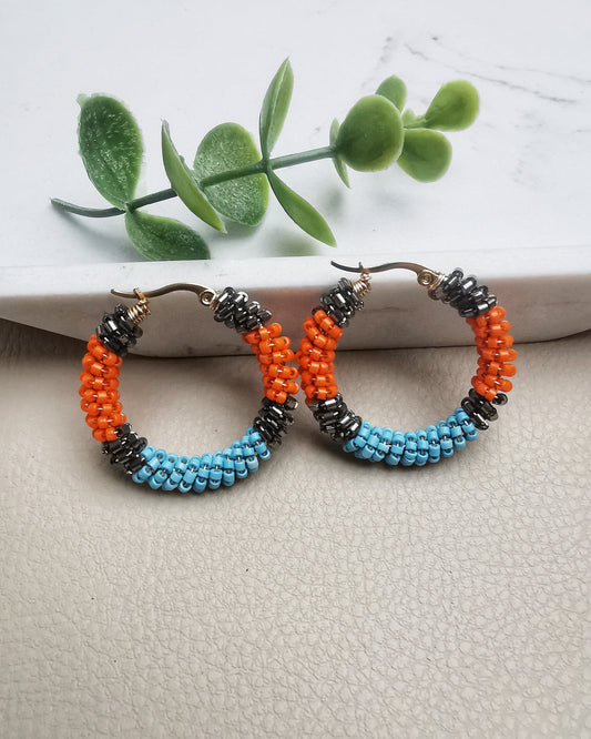 Hand-Wrapped Seed Bead Hoop Earrings Blue and orange