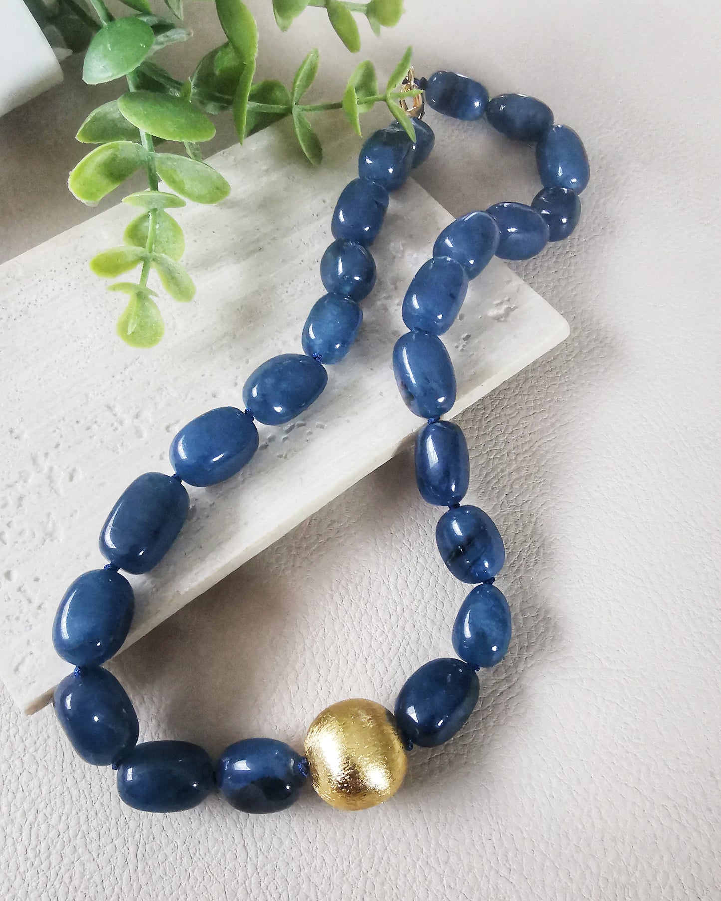 Navy Statement Chalcedony Necklace with a single gold brushed bead.