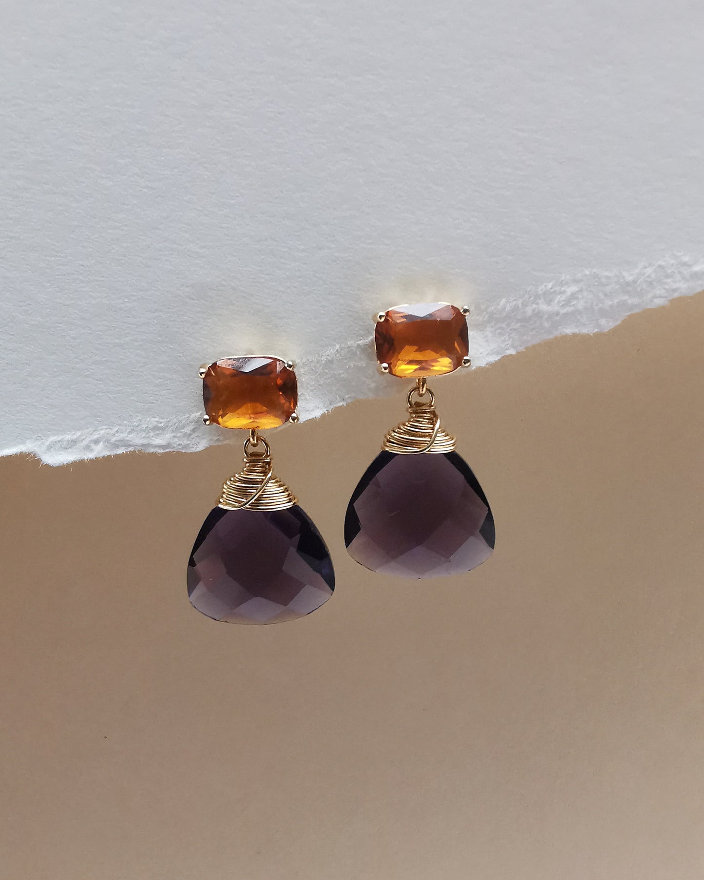 Citrine and Amethyst Trillion Gemstone Drop