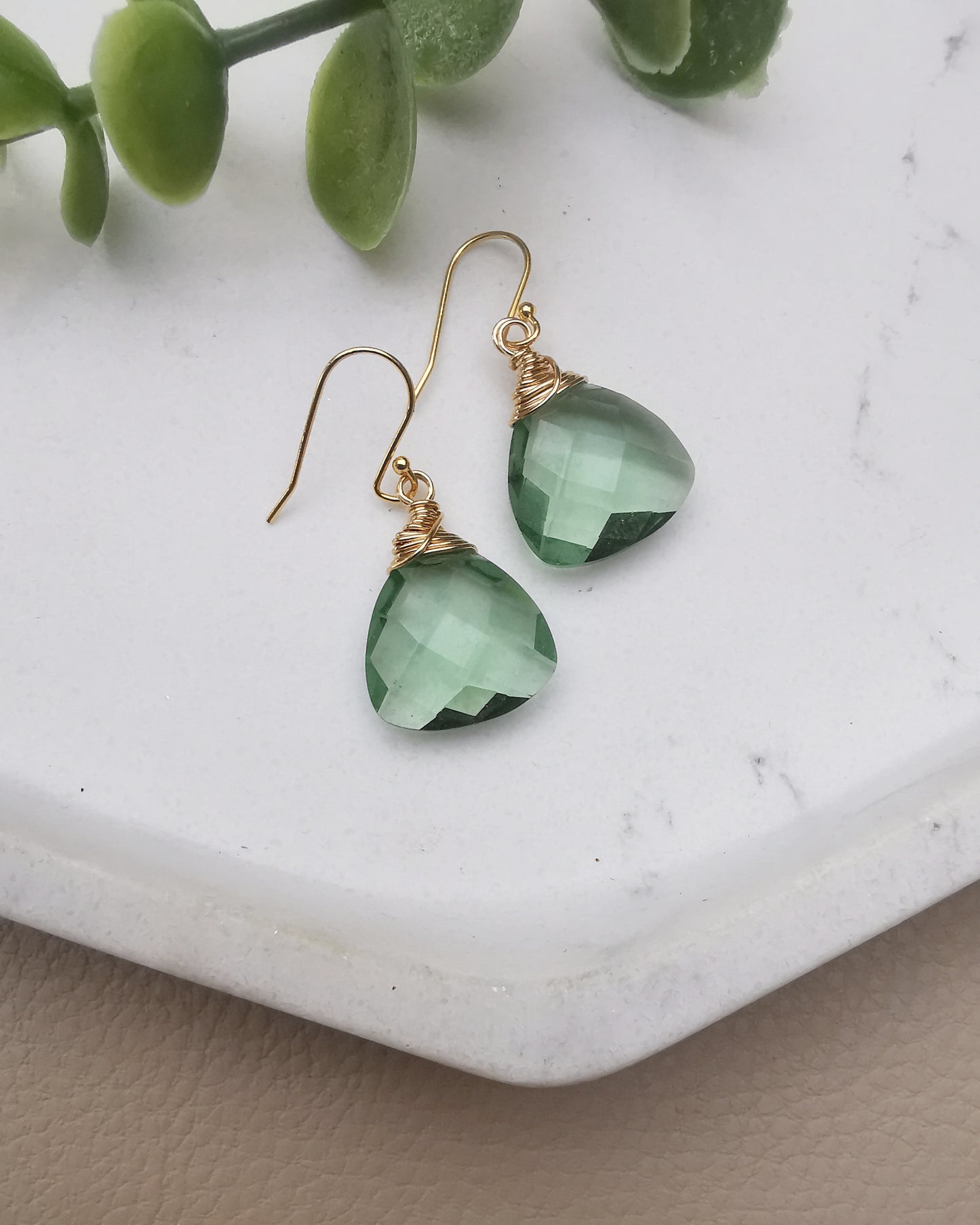 Green Amethyst Trillion Gemstone Earrings