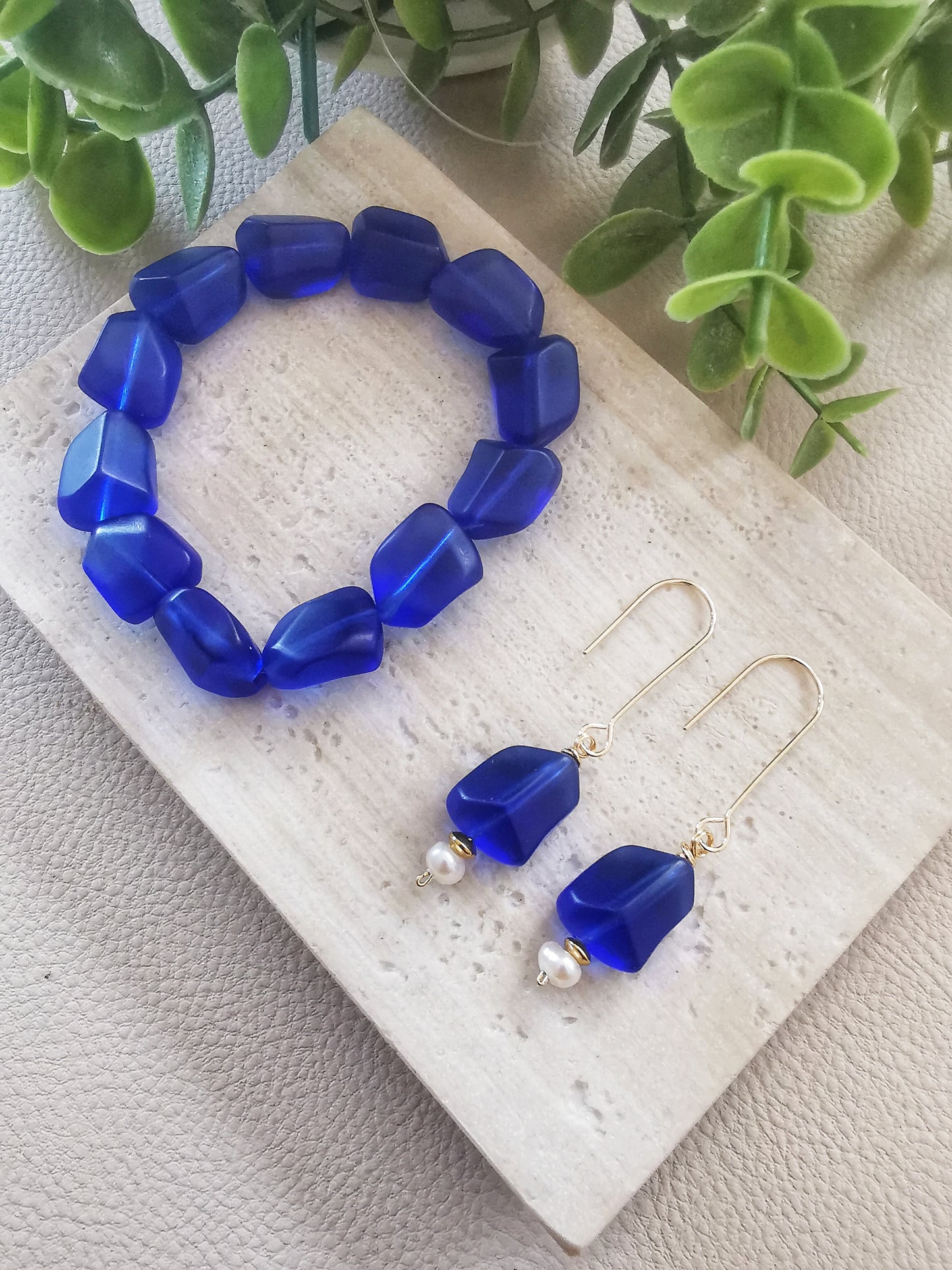 IVANNA - Ice Royal Blue Long Drop Earrings with Irregular Cut Matte Crystal & Pearl Accent.9
