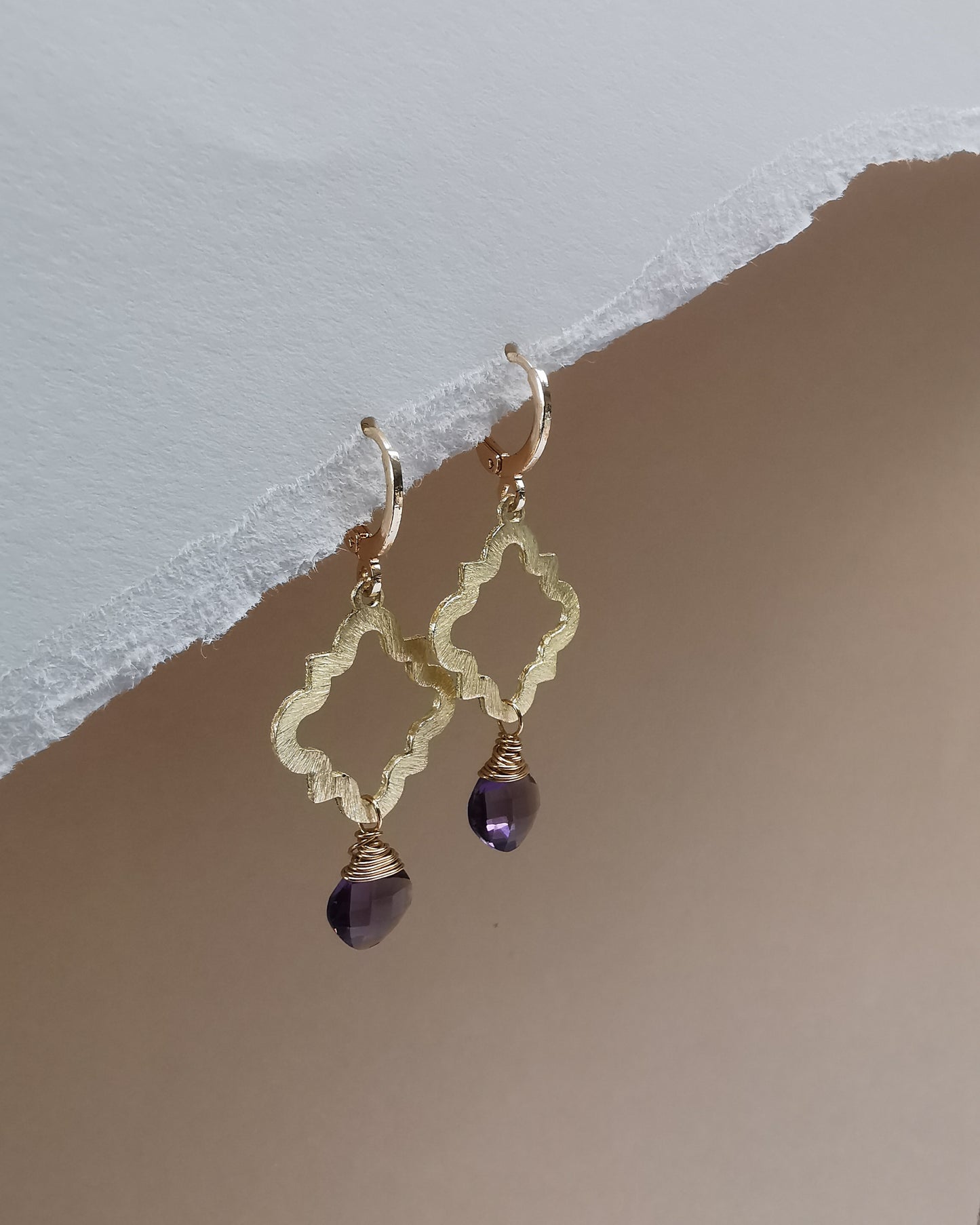 Gold Brushed Geometric Earrings with Amethyst