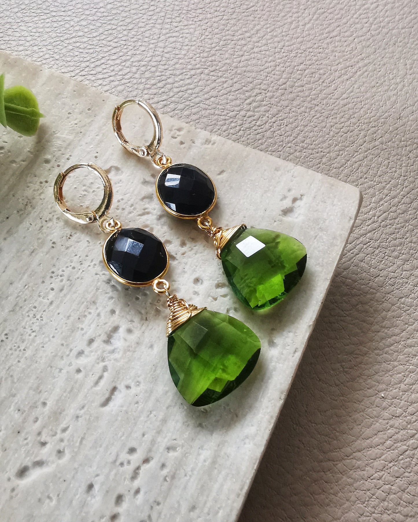Black Onyx and Peridot Drop Earrings